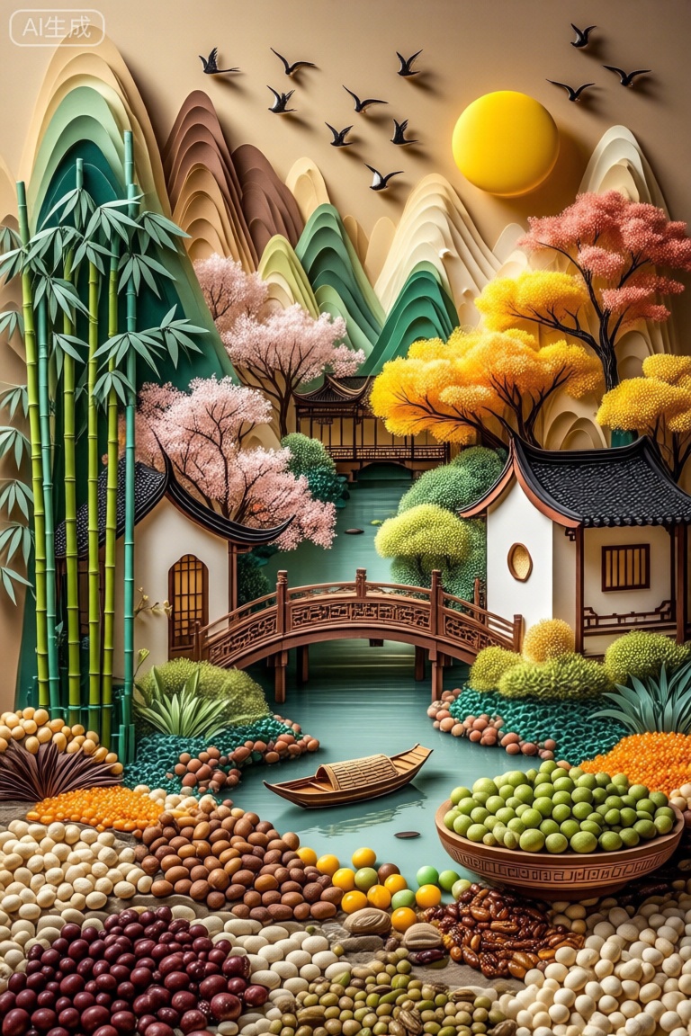 这幅画描绘了一个用各种材料制作的宁静的风景场景,创造了剪纸艺术的效果。它的特点是一条河从中心流过,上面漂浮着小船。河岸上点缀着五颜六色的秋色树木,包括黄色、橙色和绿色。在左岸,有一座传统的亚洲风格的房子,在右岸,可以看到一座类似的房子。背景展示了具有分层纹理的风格化山脉,从绿色到棕色,以及明亮的黄色太阳和飞鸟。前景充满了各种各样的彩色圆形物体,类似糖果或弹珠,为场景增添了有趣的元素。这幅画描绘了一个宁静而多彩的场景,结合了自然和艺术的元素。在前景中,有各种各样的水果和坚果排列在碗里,散落在地上。这些水果包括圆形、椭圆形和细长的水果,以及棕色、绿色和黄色等不同颜色的坚果。水果和坚果被放置在鹅卵石或小石头的床上,创造一个自然的环境。中间有一个宁静的池塘,湖水清澈,倒映着周围的景色。池塘周围是郁郁葱葱的绿色植物,包括竹子和开花树木。竹子高大而充满活力,叶子深浅不一,有些带点粉红色。开花的树木有粉红色和白色的花朵,为景色增添了一抹色彩。背景是一座木桥,上面有复杂的雕刻,横跨池塘。桥的周围有更多的绿色植物,包括茂密的灌木和树木。天空是温暖的金色色调,暗示着日出或日落,一个巨大的黄色太阳部分被云遮住了。总体而言,图像将自然元素与艺术细节相结合,创造了一个和谐而富有视觉吸引力的场景。。,五谷坚果创意画