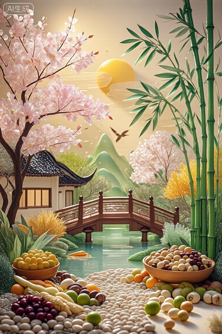 这幅画描绘了一个宁静而多彩的场景,结合了自然和艺术的元素。在前景中,有各种各样的水果和坚果排列在碗里,散落在地上。这些水果包括圆形、椭圆形和细长的水果,以及棕色、绿色和黄色等不同颜色的坚果。水果和坚果被放置在鹅卵石或小石头的床上,创造一个自然的环境。中间有一个宁静的池塘,湖水清澈,倒映着周围的景色。池塘周围是郁郁葱葱的绿色植物,包括竹子和开花树木。竹子高大而充满活力,叶子深浅不一,有些带点粉红色。开花的树木有粉红色和白色的花朵,为景色增添了一抹色彩。背景是一座木桥,上面有复杂的雕刻,横跨池塘。桥的周围有更多的绿色植物,包括茂密的灌木和树木。天空是温暖的金色色调,暗示着日出或日落,一个巨大的黄色太阳部分被云遮住了。总体而言,图像将自然元素与艺术细节相结合,创造了一个和谐而富有视觉吸引力的场景。,这幅画描绘了一个用各种材料制作的宁静的风景场景,创造了剪纸艺术的效果。它的特点是一条河从中心流过,上面漂浮着小船。河岸上点缀着五颜六色的秋色树木,包括黄色、橙色和绿色。在左岸,有一座传统的亚洲风格的房子,在右岸,可以看到一座类似的房子。背景展示了具有分层纹理的风格化山脉,从绿色到棕色,以及明亮的黄色太阳和飞鸟。前景充满了各种各样的彩色圆形物体,类似糖果或弹珠,为场景增添了有趣的元素。这幅画描绘了一个宁静而多彩的场景,结合了自然和艺术的元素。在前景中,有各种各样的水果和坚果排列在碗里,散落在地上。这些水果包括圆形、椭圆形和细长的水果,以及棕色、绿色和黄色等不同颜色的坚果。水果和坚果被放置在鹅卵石或小石头的床上,创造一个自然的环境。中间有一个宁静的池塘,湖水清澈,倒映着周围的景色。池塘周围是郁郁葱葱的绿色植物,包括竹子和开花树木。竹子高大而充满活力,叶子深浅不一,有些带点粉红色。开花的树木有粉红色和白色的花朵,为景色增添了一抹色彩。背景是一座木桥,上面有复杂的雕刻,横跨池塘。桥的周围有更多的绿色植物,包括茂密的灌木和树木。天空是温暖的金色色调,暗示着日出或日落,一个巨大的黄色太阳部分被云遮住了。总体而言,图像将自然元素与艺术细节相结合,创造了一个和谐而富有视觉吸引力的场景。。,五谷坚果创意画,水晶工艺