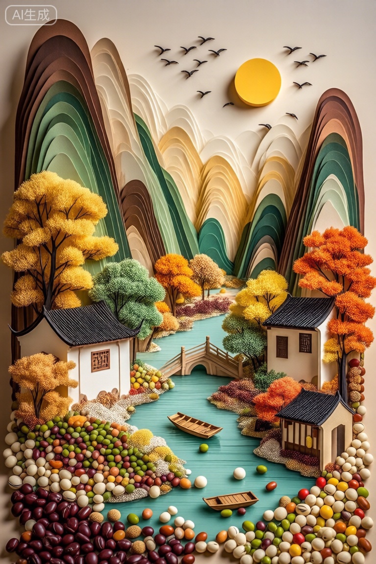 这幅画描绘了一个用各种材料制作的宁静的风景场景,创造了剪纸艺术的效果。它的特点是一条河从中心流过,上面漂浮着小船。河岸上点缀着五颜六色的秋色树木,包括黄色、橙色和绿色。在左岸,有一座传统的亚洲风格的房子,在右岸,可以看到一座类似的房子。背景展示了具有分层纹理的风格化山脉,从绿色到棕色,以及明亮的黄色太阳和飞鸟。前景充满了各种各样的彩色圆形物体,类似糖果或弹珠,为场景增添了有趣的元素。。,五谷坚果创意画