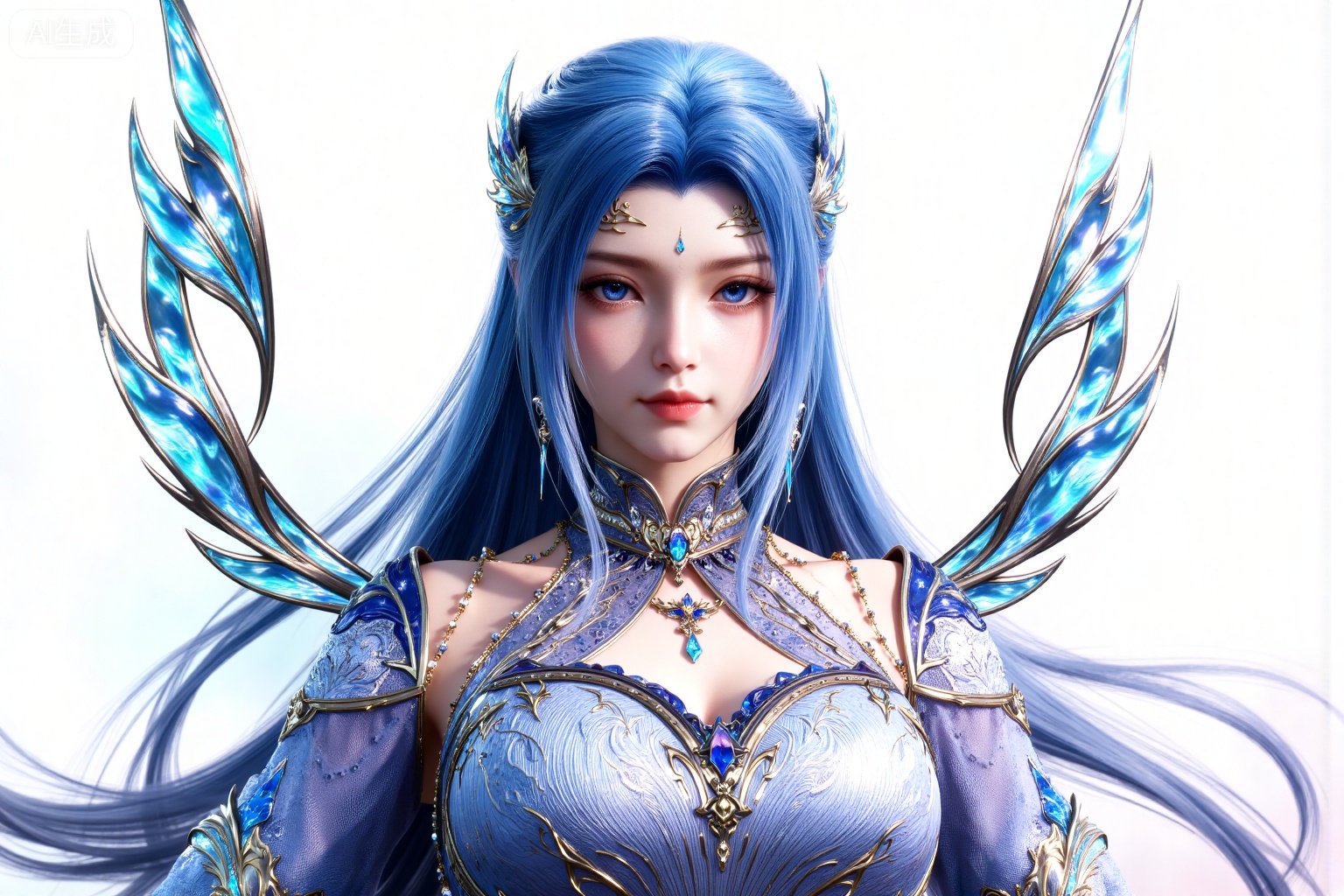 1girl, long hair, blue eyes, hair ornament, solo, upper body, dress, blue hair, wings, blue dress, detached sleeves, jewelry, looking at viewer, closed mouth, earrings, bare shoulders,(front view:1.1),
white_background,simple_background,pifu,guanghuapifu,yaoyuegongzhu,liushen,lvjing,lvjing,tangwutong