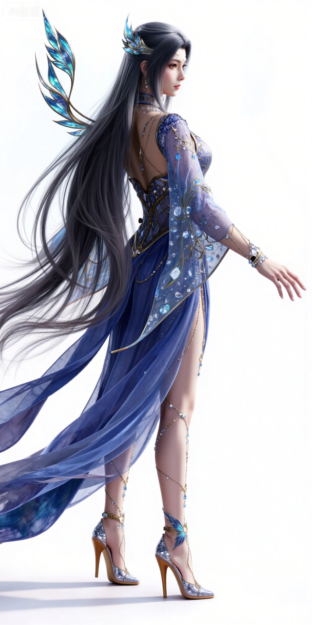 1girl, long hair, dress,  solo, black hair, high heels, bare legs,  jewelry, full body, hair ornament,  blue dress, standing,back,ass,looking_back,wing,legs,long legs,
white_background,simple_background,pifu,guanghuapifu,yaoyuegongzhu,liushen,lvjing,lvjing,tangwutong