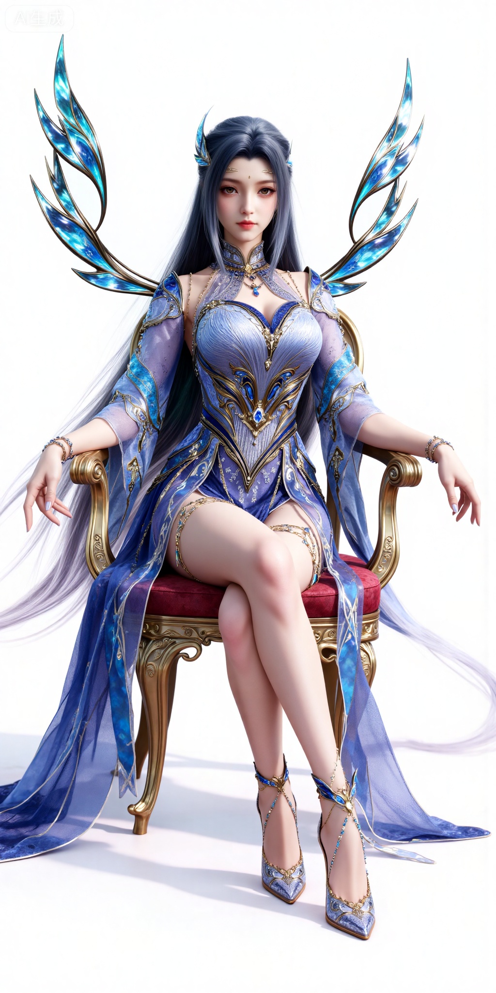 1girl, long hair, dress,  solo, black hair, high heels, bare legs,  jewelry, full body, hair ornament,  blue dress, (front view:1.1),wing,legs,long legs,sitting,chair,crossed_legs,
white_background,simple_background,pifu,guanghuapifu,yaoyuegongzhu,liushen,lvjing,lvjing,tangwutong