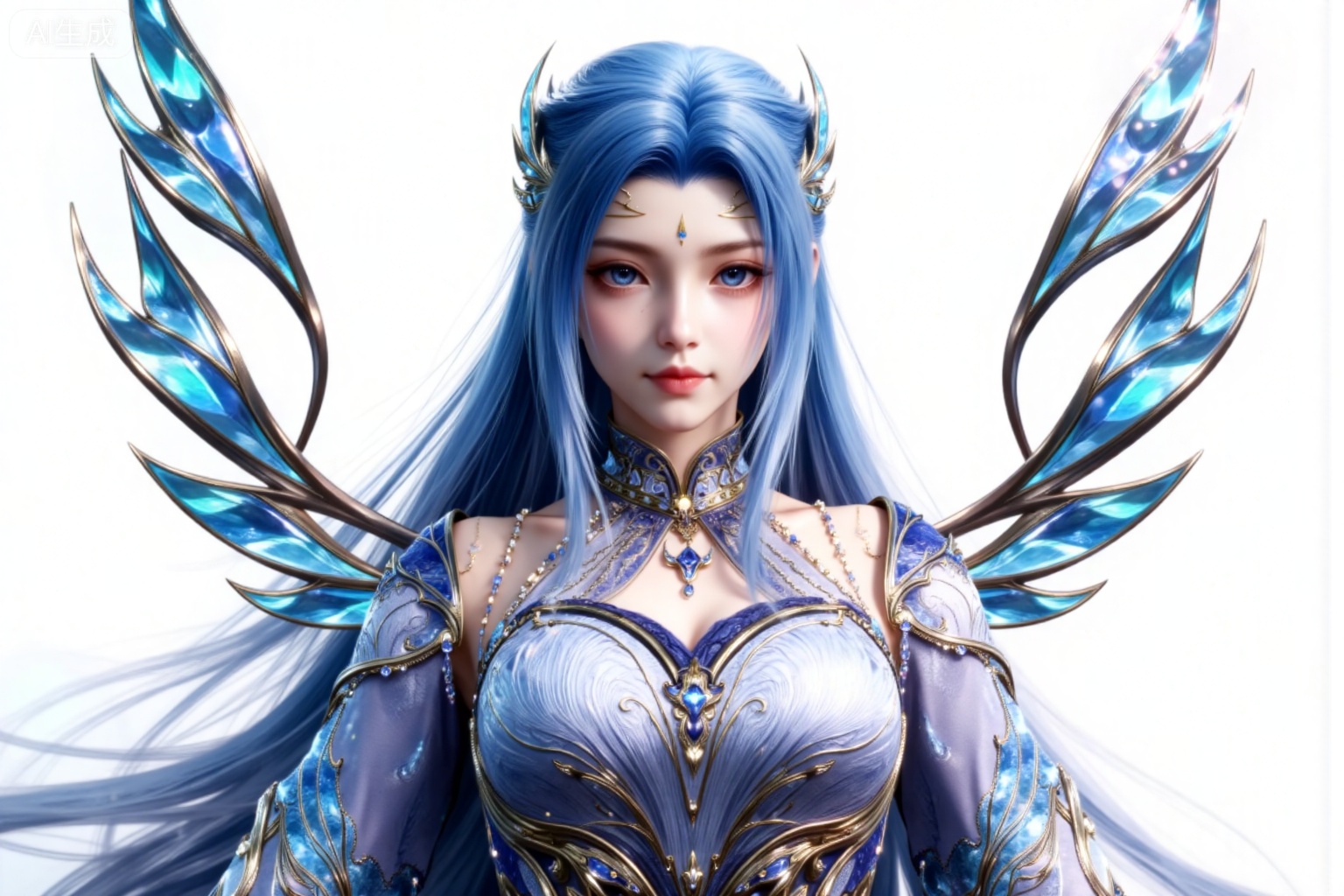 1girl, long hair, blue eyes, hair ornament, solo, upper body, dress, blue hair, wings, blue dress, detached sleeves, jewelry, looking at viewer, closed mouth, earrings, bare shoulders,(front view:1.1),
white_background,simple_background,pifu,guanghuapifu,yaoyuegongzhu,liushen,lvjing,lvjing,tangwutong