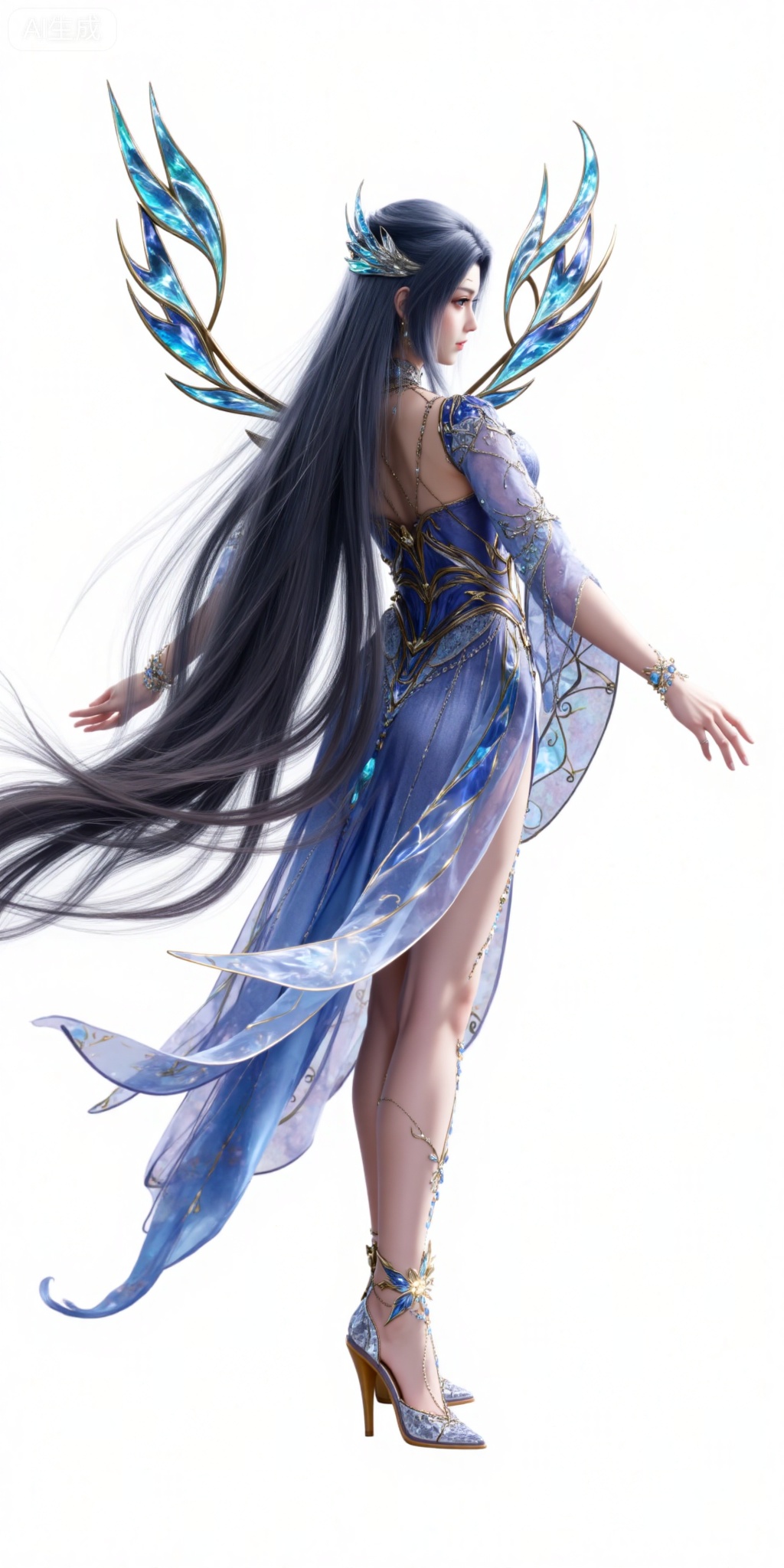 1girl, long hair, dress,  solo, black hair, high heels, bare legs,  jewelry, full body, hair ornament,  blue dress, standing,back,ass,looking_back,wing,legs,long legs,
white_background,simple_background,pifu,guanghuapifu,yaoyuegongzhu,liushen,lvjing,lvjing,tangwutong