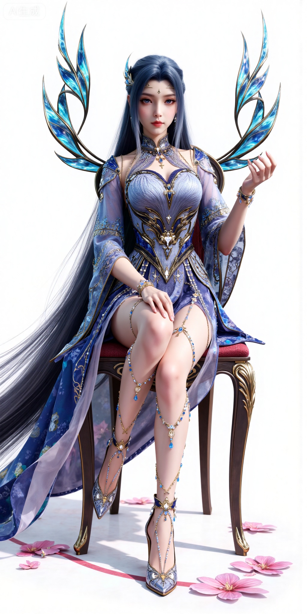 1girl, long hair, dress,  solo, black hair, high heels, bare legs,  jewelry, full body, hair ornament,  blue dress, (front view:1.1),wing,legs,long legs,sitting,chair,crossed_legs,
white_background,simple_background,pifu,guanghuapifu,yaoyuegongzhu,liushen,lvjing,lvjing,tangwutong