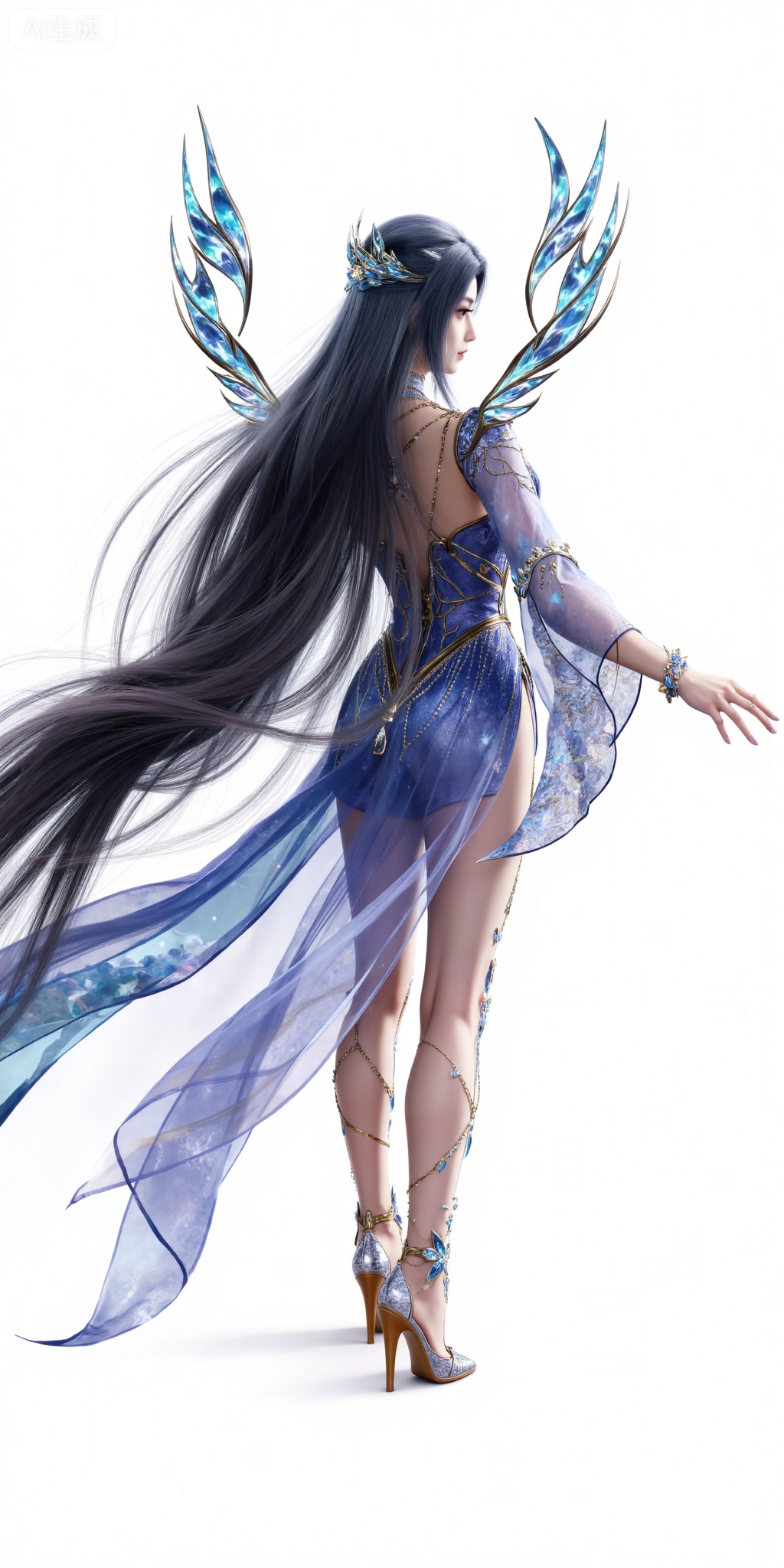 1girl, long hair, dress,  solo, black hair, high heels, bare legs,  jewelry, full body, hair ornament,  blue dress, standing,back,ass,looking_back,wing,legs,long legs,
white_background,simple_background,pifu,guanghuapifu,yaoyuegongzhu,liushen,lvjing,lvjing,tangwutong