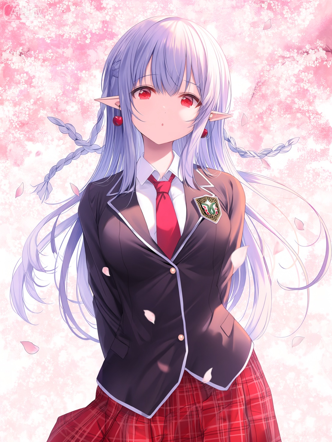 1girl, solo, skirt, pointy ears, necktie, red skirt, shirt, long hair, red necktie, jacket, plaid, red eyes, white shirt, plaid skirt, two side up, outdoors, pleated skirt, looking at viewer, school uniform, collared shirt, earrings, cherry blossoms, black jacket, long sleeves, jewelry, cowboy shot, blazer, petals, breasts, hair ribbon, blue hair, ribbon, closed mouth, bow