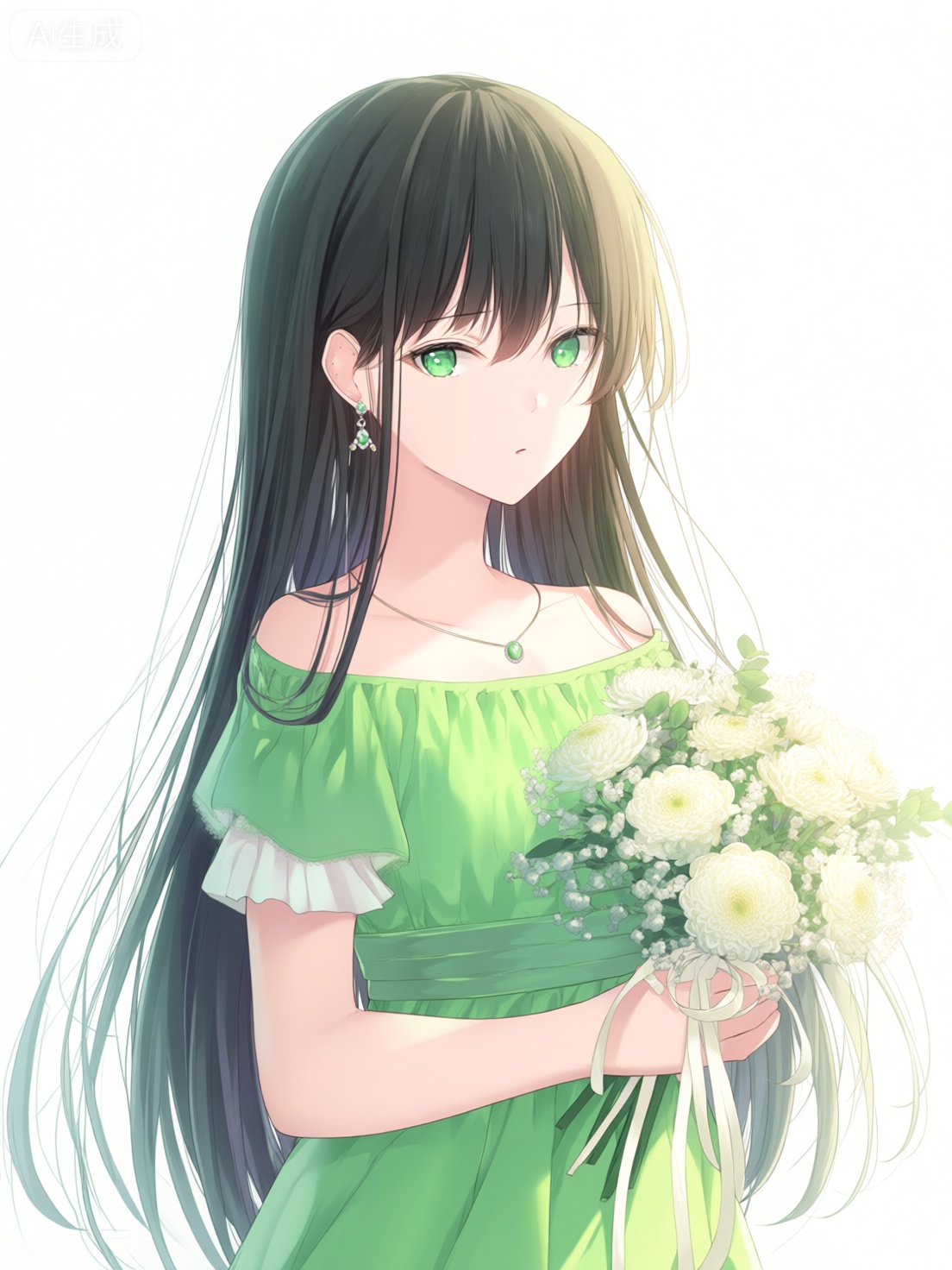 1girl, long hair, solo, dress, holding, flower, black hair, earrings, jewelry, green eyes, very long hair, looking at viewer, short sleeves, bouquet, white flower, collarbone, closed mouth, holding bouquet, green dress, standing