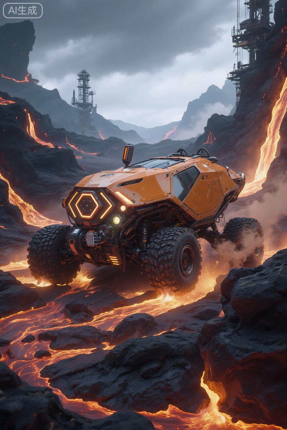 . This is a highly detailed, CGI-rendered digital artwork depicting a futuristic, orange-colored, off-road vehicle navigating through a volcanic landscape. The vehicle, resembling a rugged, all-terrain rover, features a hexagonal pattern on its front and sides, with large, rugged tires and a prominent, cylindrical exhaust system. Its body is adorned with various mechanical details, including vents and sensors, giving it a robust and futuristic appearance. The background showcases a dramatic volcanic environment with molten lava flowing down rocky slopes, creating vivid, fiery red and orange hues that contrast starkly with the cooler blue and grey tones of the rocky terrain. In the distance, there are towering, jagged mountains and industrial structures, some partially obscured by smoke and ash, suggesting a post-apocalyptic or sci-fi setting. The sky is overcast with dark clouds, adding to the ominous atmosphere. The overall scene is rich in texture and depth, with a high level of realism achieved through meticulous attention to detail and lighting effects.