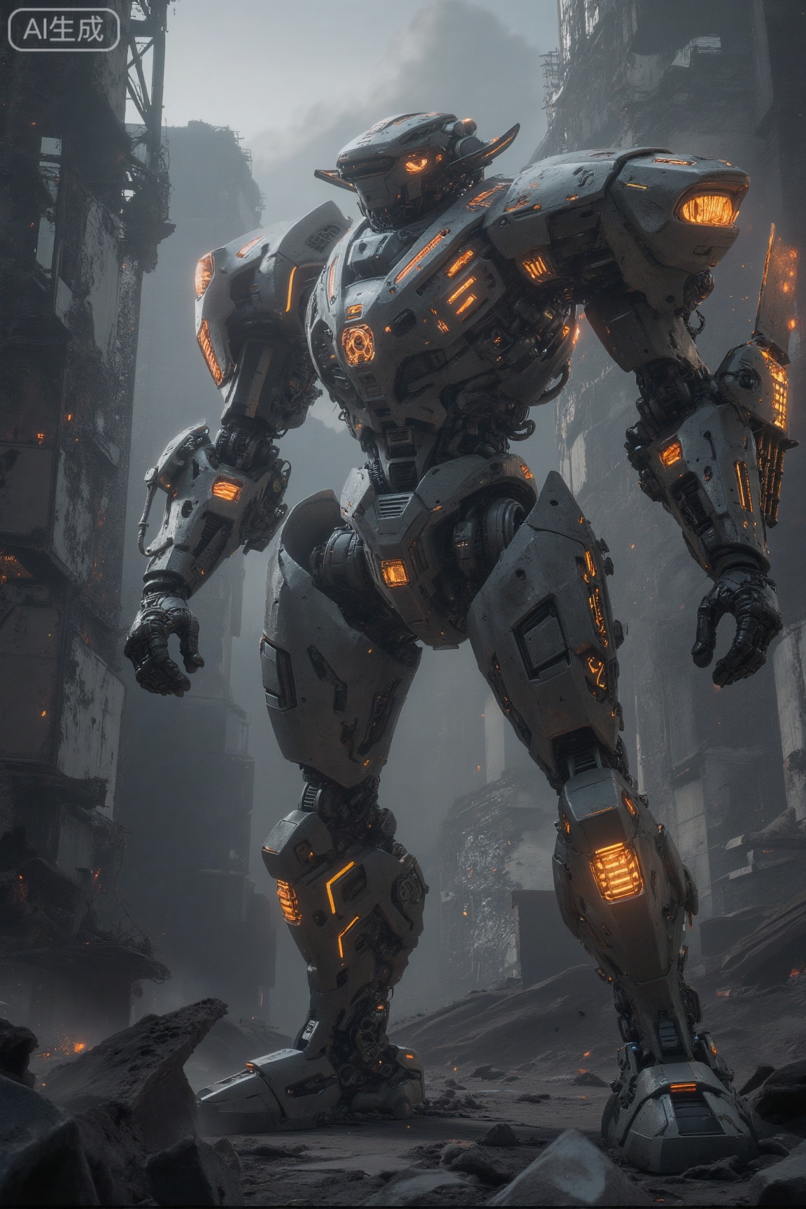 . This is a highly detailed CGI (computer-generated imagery) rendering depicting a futuristic, mechanized humanoid robot standing in a post-apocalyptic urban environment. The robot, constructed with a metallic exoskeleton, exhibits advanced engineering with intricate, glowing orange circuitry and mechanical components. Its body is bulky and robust, with a domed head featuring a prominent, glowing red eye. The torso is adorned with angular, segmented armor, and its limbs are equipped with powerful, articulated joints. The right arm is raised, holding a large, glowing sword-like weapon, while the left arm is bent at the elbow, showcasing a complex, mechanical structure.

The background showcases a dystopian cityscape ravaged by war or natural disaster, with towering, damaged skyscrapers and a dense, smoky atmosphere. The sky is partially visible, with dark clouds and a hint of sunlight filtering through. The ground is littered with debris and rubble, enhancing the sense of destruction. The overall color palette is dominated by metallic grays and blacks, with the robot's glowing elements standing out vividly against the dark backdrop. The image exudes a sense of power and resilience, blending elements of science fiction and cyberpunk aesthetics.