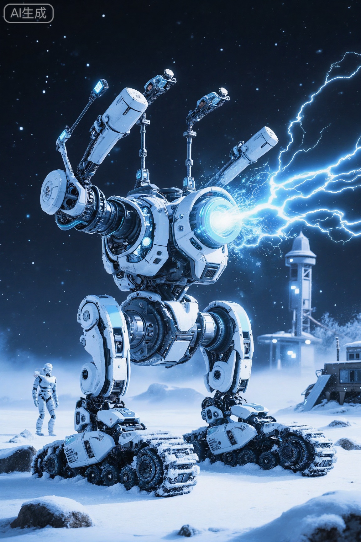 . This is a highly detailed CGI illustration set in a snowy, futuristic landscape. The central subject is a large, mechanized robot with a sleek, metallic design, predominantly white with blue accents. The robot stands on tracks, resembling a ****, and has a cylindrical head with two antennae emitting a bright blue, crackling energy beam. Its arms are equipped with various tools, and its legs are sturdy and robust. The background features a clear, star-filled night sky, with a distant, illuminated structure resembling a space station or research facility. To the left, there is a smaller, more compact robot, also white with a similar design, standing near the larger one. The ground is blanketed in snow, with scattered rocks and a few small buildings in the distance. The overall color palette is dominated by shades of white and blue, enhancing the cold, alien atmosphere. The illustration is highly realistic, with intricate details and textures, capturing the essence of a sci-fi environment.