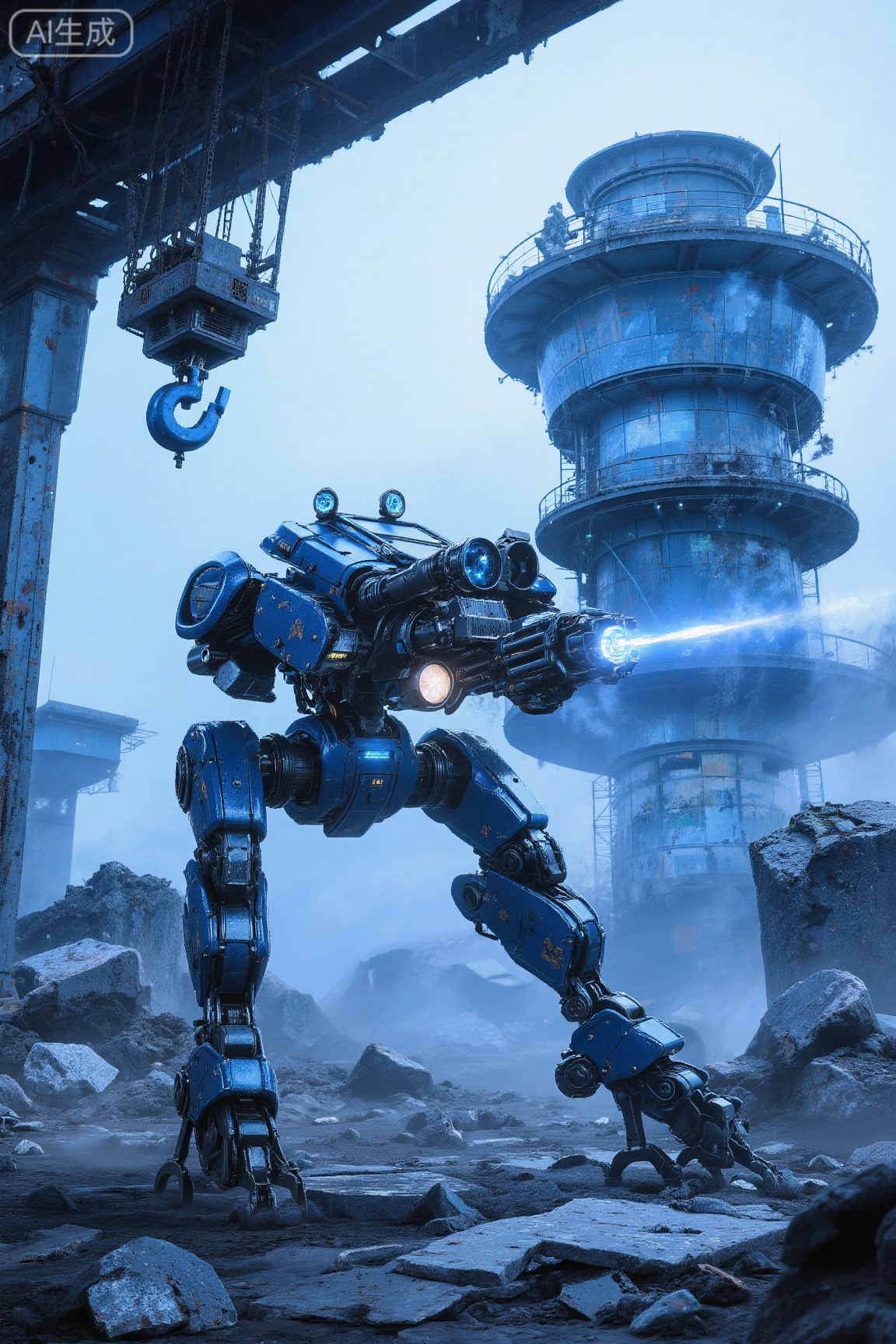 in a digital artwork. This is a highly detailed, CGI-rendered scene set in a post-apocalyptic industrial landscape. The central figure is a large, blue, mechanized war robot, resembling a bipedal ****, with a menacing, aggressive stance. It is equipped with a powerful, mounted machine gun, emitting a bright, blue beam of light, and a large cannon on its back. The robot's metallic surface is polished, reflecting the surrounding environment, and its joints are articulated with hydraulic precision.

In the background, a towering, cylindrical control tower, also blue, stands prominently, with multiple levels and a small, elevated observation deck. The tower is surrounded by a chaotic, debris-strewn environment, with scattered, broken concrete slabs and industrial structures in various states of decay. The sky is overcast, contributing to a bleak, cold atmosphere, and the entire scene is bathed in a cool, blue hue, enhancing the dystopian theme.

To the left, a large crane with a blue hook hangs overhead, adding to the industrial theme. The overall color palette is dominated by blues and grays, with subtle highlights of white and black. The textures are metallic and rugged, emphasizing the ruggedness and resilience of the robot amidst the desolate surroundings.