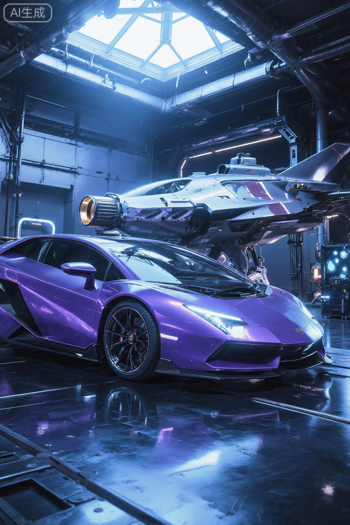 . This is a highly detailed CGI (computer-generated imagery) rendering depicting a futuristic, high-tech laboratory setting. The scene features two prominent objects: a sleek, purple Lamborghini sports car on the left and a large, futuristic spacecraft on the right. The Lamborghini, with its aerodynamic design and glossy finish, is positioned in the foreground, casting a reflection on the shiny, metallic floor. The spacecraft, resembling a sleek jet with intricate, metallic details and glowing blue lights, stands prominently in the background, showcasing advanced engineering and technology.

The laboratory's interior is meticulously designed with a mix of industrial and sci-fi elements. The walls are adorned with metallic panels and pipes, giving a cold, sterile ambiance. The ceiling features a large skylight, allowing natural light to filter in, while the rest of the space is illuminated by artificial lighting, creating a blend of cool and warm tones. The floor is polished, reflecting the light, and various metallic objects and equipment are scattered around, adding to the high-tech atmosphere.

The overall color palette is dominated by blues and purples, with metallic hues and subtle gradients enhancing the futuristic theme. The image captures a sense of advanced technology and innovation, with a blend between automotive and aerospace engineering.