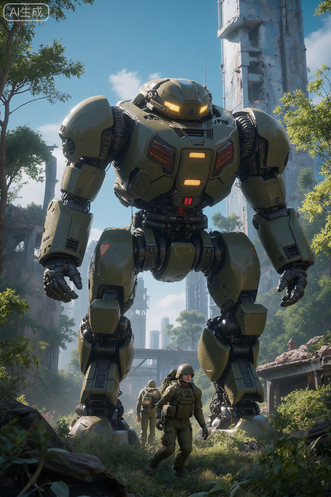 A highly detailed CGI scene set in a futuristic, post-apocalyptic environment. The foreground features a massive, olive-green mechanized war robot, towering with a menacing presence. Its bulky design includes a large domed head with red and yellow lights and a prominent angular chest plate. Limbs are thick and articulated, showing hydraulic and electrical components.

In the mid-ground, two human soldiers in olive-drab combat suits advance cautiously. The lead soldier carries a large backpack, while the trailing soldier follows. Their suits are equipped with tactical gear and communication devices.

The background showcases a lush, overgrown landscape with tall, leafy trees and dense foliage. Ruins of a futuristic city, with tall skyscrapers and remaining structures, are partially obscured by vegetation. A bright blue sky with scattered white clouds enhances the desolate, vibrant atmosphere. The overall mood is tense and foreboding, contrasting nature reclaiming the ruins against the mechanical threat.
