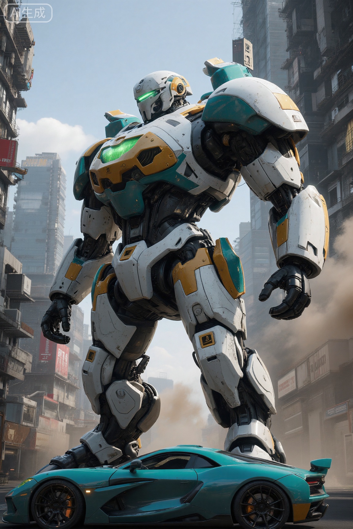 . This is a hyper-realistic CGI rendering of a massive, futuristic robot standing in a bustling urban environment. The robot, resembling a mechanized war machine, dominates the scene with its imposing stature and intricate design. It stands tall, towering over the surrounding buildings, with a muscular, armored body composed of metallic plates in shades of white, teal, and yellow. Its head features a prominent green visor, giving it a menacing, futuristic appearance. The background showcases a dense, modern cityscape with towering skyscrapers in various shades of grey and blue, some adorned with red and white signage. The sky is clear, with scattered clouds, and the atmosphere is filled with a haze of dust and smoke, suggesting a recent explosion or construction activity. In the foreground, a sleek, teal-colored sports car is parked, adding a touch of contrast to the gritty, industrial setting. The overall scene is dynamic, with the robot's imposing presence juxtaposed against the urban backdrop, creating a visually striking and immersive CGI experience.