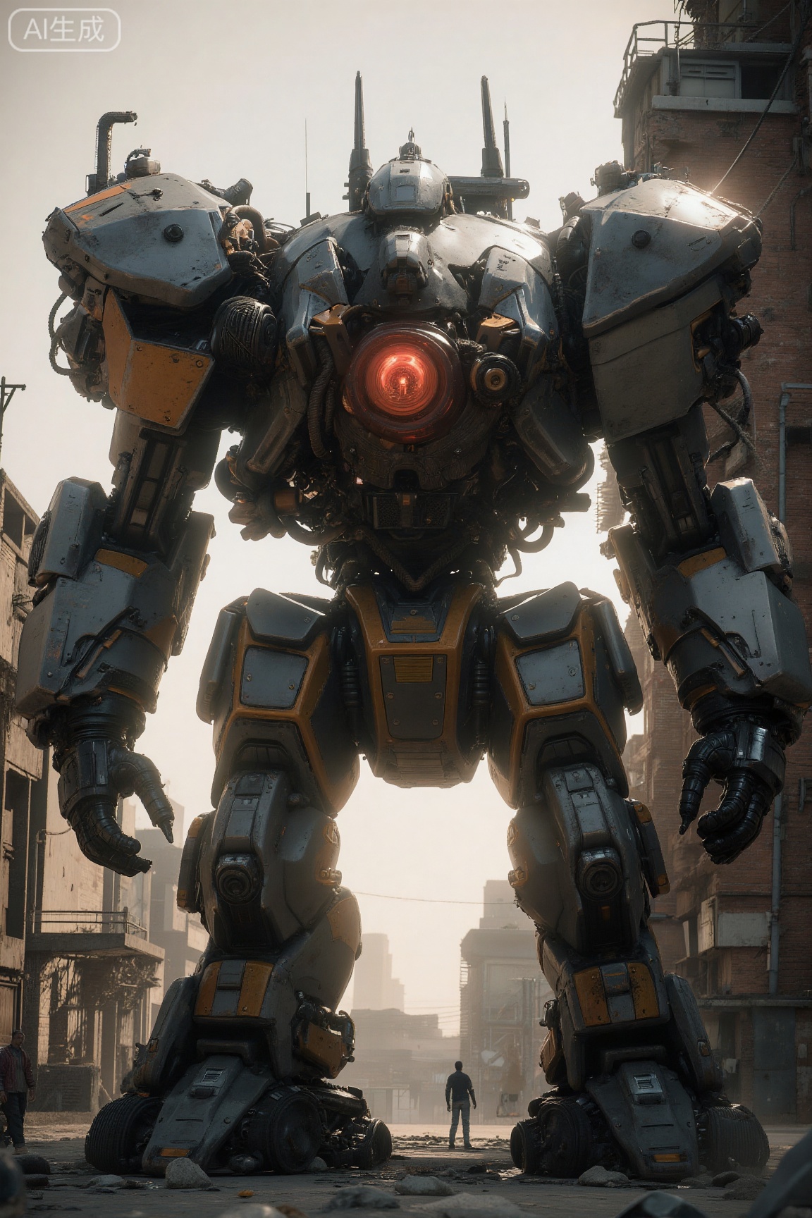 . This is a highly detailed CGI rendering of a massive, futuristic, mechanized war robot standing in an urban setting. The robot, resembling a **** with humanoid features, dominates the foreground. It has a bulky, metallic frame with a mix of black, grey, and orange segments, giving it a menacing appearance. Its head is equipped with a large, rectangular red light, possibly a targeting system, and numerous sensors and antennas protrude from various points. The torso features a complex array of mechanical components, including large, cylindrical barrels and a central, glowing red panel that could be a power source. The legs are thick and sturdy, with articulated joints and hydraulic pistons, allowing for mobility. 

In the background, the urban environment consists of industrial buildings with brick walls and metal structures, indicating a gritty, post-apocalyptic setting. A few people, dressed in casual attire, are seen walking on the street, adding a sense of scale and realism to the scene. The sky is clear, with a warm, golden hue, suggesting either early morning or late afternoon. The overall mood is one of tension and anticipation, with the robot looming over the city, ready for action.