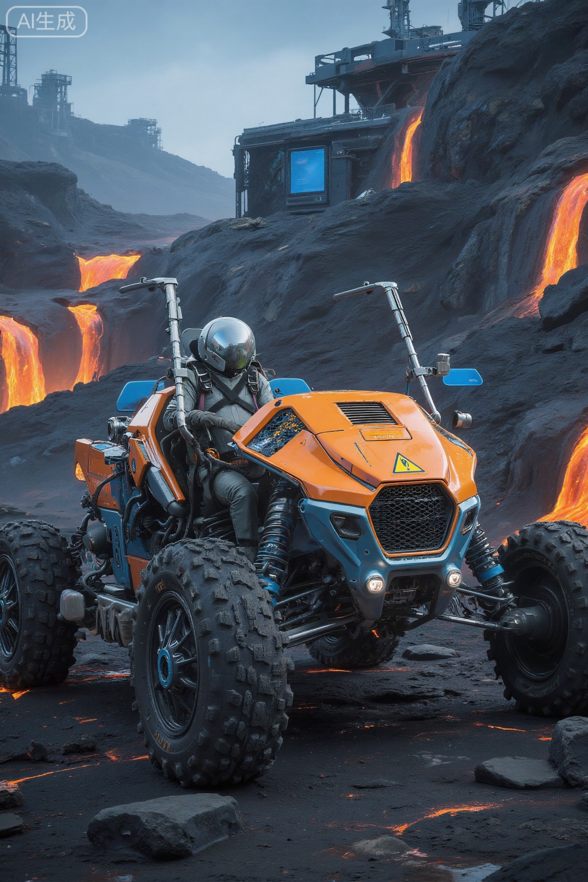 . This is a highly detailed CGI (computer-generated imagery) rendering of a futuristic, off-road vehicle designed for extreme environments. The vehicle, painted in vibrant orange with blue accents, resembles a rugged, all-terrain buggy. It features large, rugged tires with deep treads, designed to navigate rough terrain. The front of the vehicle has a prominent, angular grille with a yellow caution sign, indicating potential hazards. The buggy's suspension is robust, with visible hydraulic components and a sturdy frame. 

The vehicle's interior is equipped with a harness for the driver, who is wearing a protective suit and helmet, suggesting a hazardous environment. The driver's seat is positioned centrally, with a dashboard featuring multiple control panels and a large, blue, square display screen on the right side. The background showcases a volcanic landscape with active lava flows, emitting bright orange and red flames. The ground is uneven, with jagged rocks and ash, adding to the ruggedness of the scene. 

In the distance, there are industrial structures, possibly part of a mining facility, with blue and orange hues dominating the sky, indicating a volcanic eruption or intense heat. The overall scene is vivid and dynamic, capturing the essence of a high-stakes, extreme environment.