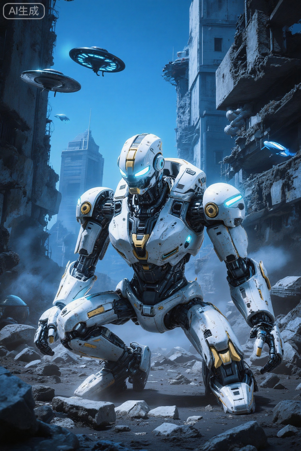 . This is a highly detailed, CGI-rendered scene set in a futuristic, post-apocalyptic cityscape. The central figure is a humanoid robot with a sleek, metallic design, predominantly white with yellow and blue accents. The robot stands upright, showcasing a robust, armored body with visible joints and moving parts. Its head features a large, blue, glowing visor, suggesting advanced technology and intelligence. The lower half of the robot is kneeling, with its right hand resting on the ground, adding a sense of contemplation or readiness.

The background is a chaotic, war-torn cityscape, with towering, damaged buildings and debris scattered throughout. The sky is a deep blue, punctuated by floating, disc-shaped spacecraft with blue and white hues, indicating advanced transportation. The ground is littered with rubble and large chunks of concrete, emphasizing the city's destruction. 

The overall color palette is dominated by cool tones, with blues and whites, enhancing the futuristic and dystopian atmosphere. The textures of the robotic figure are smooth and polished, while the surroundings exhibit a gritty, industrial texture, with visible wear and tear. The scene is rich in detail, combining elements of science fiction and cyberpunk aesthetics, creating a visually striking and immersive experience.