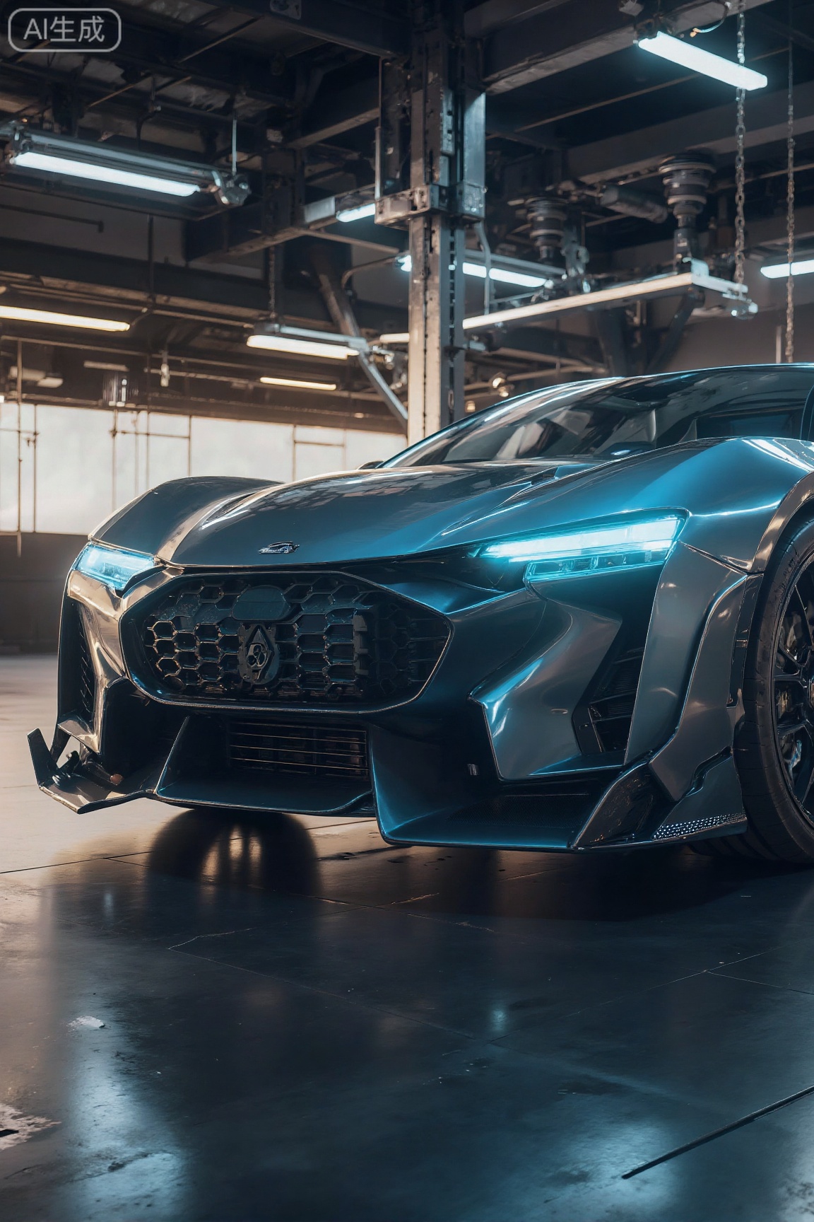 . This is a high-resolution photograph of a futuristic, high-performance sports car, prominently positioned in a sleek, industrial setting. The car, painted in a metallic blue hue, exudes a sense of luxury and power with its aerodynamic design and advanced features. Its front grille is angular, featuring a black mesh pattern with integrated LED headlights that emit a sharp, focused beam. The front bumper is low and aggressive, with a prominent splitter and canards, enhancing aerodynamic efficiency. The wheels are large, with intricate, multi-spoke designs and a polished finish, mounted on a suspension system that appears finely tuned for precision handling.

The background showcases an expansive, high-tech workshop, characterized by metallic structures, large windows, and a mix of warm and cool lighting. The ceiling is adorned with industrial lighting fixtures, casting a soft glow that highlights the car's sleek curves and metallic sheen. The floor is composed of polished, dark tiles, reflecting the car and adding a sense depth and realism. The overall ambiance is one of cutting-edge engineering and technological prowess, with the car serving as the centerpiece, embodying the pinnacle of automotive design and performance.