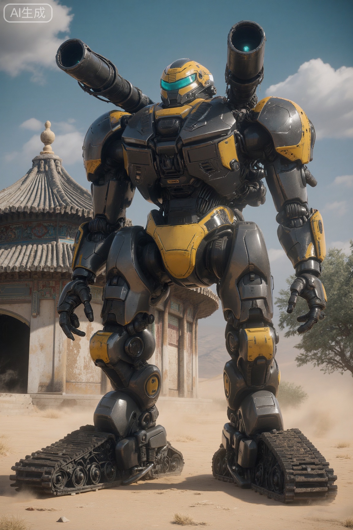 . This is a highly detailed CGI (computer-generated imagery) rendering of a futuristic, humanoid robot standing in a desert-like setting. The robot, primarily constructed from metallic components, features a yellow and black color scheme with intricate detailing. Its head resembles a helmet with a blue visor, and it has two large, cylindrical barrels protruding from its shoulders, suggesting advanced weaponry. The torso is robust, with a segmented design, and the arms are equipped with multiple, smaller barrels, possibly for additional firepower. The legs are bulky and equipped with tracks, allowing for mobility over rough terrain. 

In the background, there is a traditional, oriental-style building with a curved roof and a single, arched entrance, set against a backdrop of dusty, beige terrain and a clear, blue sky with scattered clouds. The building's architecture is reminiscent of ancient Asian structures, adding a contrasting element to the futuristic robot. The overall scene is desolate, with sparse vegetation and a sense of isolation. The textures of the robot's surface are smooth and metallic, while the building's textures are more organic, with aged, weathered stone. The image is highly realistic, capturing intricate details and textures with precision.