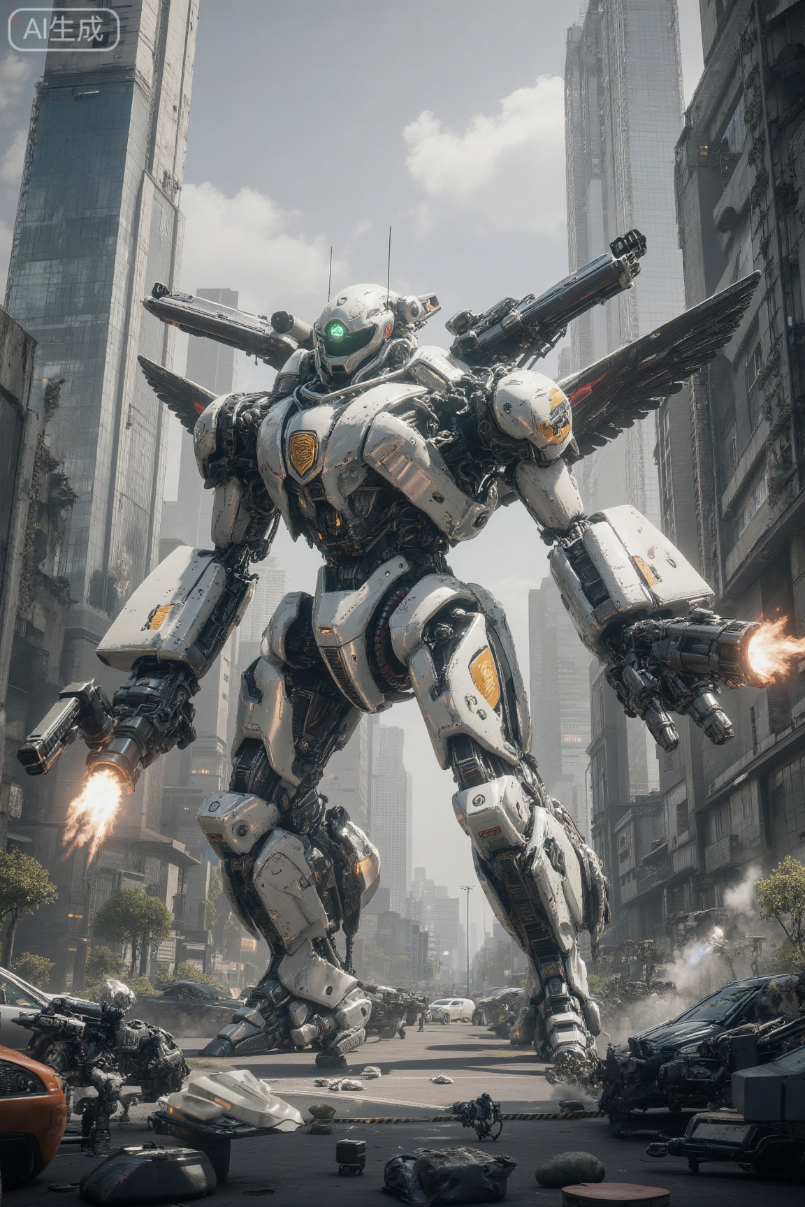 . This is a highly detailed CGI rendering of a futuristic, mechanized humanoid robot standing in the center of a bustling urban environment. The robot, resembling a cyborg, is predominantly white with metallic accents and intricate, angular design elements. Its body is segmented, with large, articulated limbs and a complex exoskeleton. The head features a prominent, glowing green eye and a sleek, pointed helmet. The shoulders and back are adorned with large wings, and the chest has a prominent orange and yellow insignia. The arms are equipped with advanced weaponry, including large, multi-barreled guns and laser cannons, emitting fiery blasts. 

In the background, the cityscape is dense with towering skyscrapers, some with reflective glass facades, and a mix of modern and futuristic architecture. The sky is partly cloudy, with a few sunbeams breaking through, casting a soft glow on the scene. On the ground, there are several smaller, humanoid robots, possibly allies or enemies, scattered around, adding to the sense of a high-tech, post-apocalyptic setting. The overall color palette is dominated by metallic grays, whites, and oranges, with the robot standing out as the focal point. The image exudes a sense of tension and awe, blending elements of science fiction and military