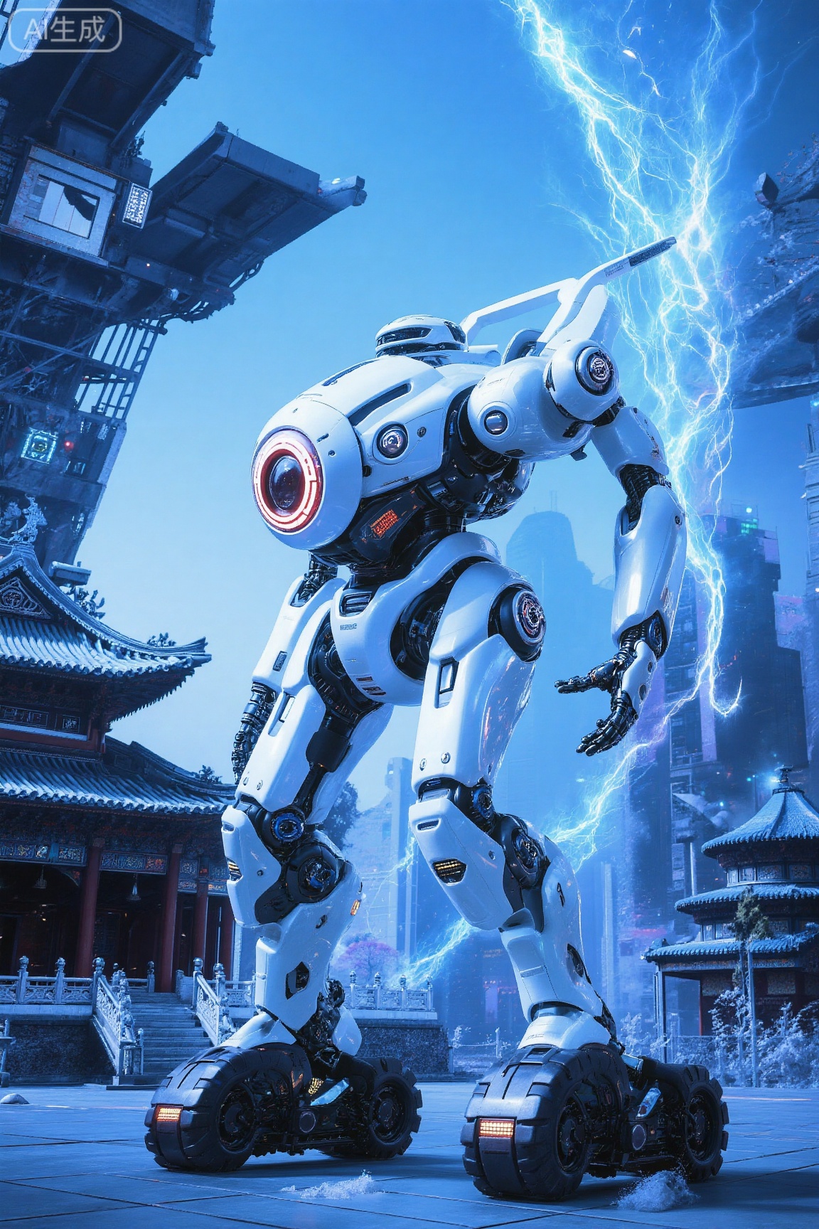 . This is a highly detailed CGI (computer-generated imagery) scene featuring a futuristic, humanoid robot standing in a vibrant, futuristic cityscape. The robot, predominantly white with metallic accents, has a sleek, aerodynamic design. Its head is spherical with a small, circular red emblem on the front, and its arms are articulated with a mechanical precision. The right arm is raised, while the left arm is bent at the elbow, giving a sense of readiness or alertness. The legs are robust, with large, black, rubber-like tires that provide stability and mobility.

The background showcases a bustling cityscape with a mix of modern and traditional architecture. To the left, there is a large, angular, metallic structure with a blue hue, possibly a spaceport or a futuristic transportation hub. In the foreground, a traditional Chinese-style building with a curved roof and ornate details stands prominently, adding a cultural contrast to the futuristic setting. The sky is a gradient of deep blue, with ethereal, glowing blue and white energy beams emanating from the robot's right side, suggesting a powerful, possibly technological or supernatural source. The overall scene exudes a blend of advanced technology and cultural heritage, creating a visually striking and immersive experience.