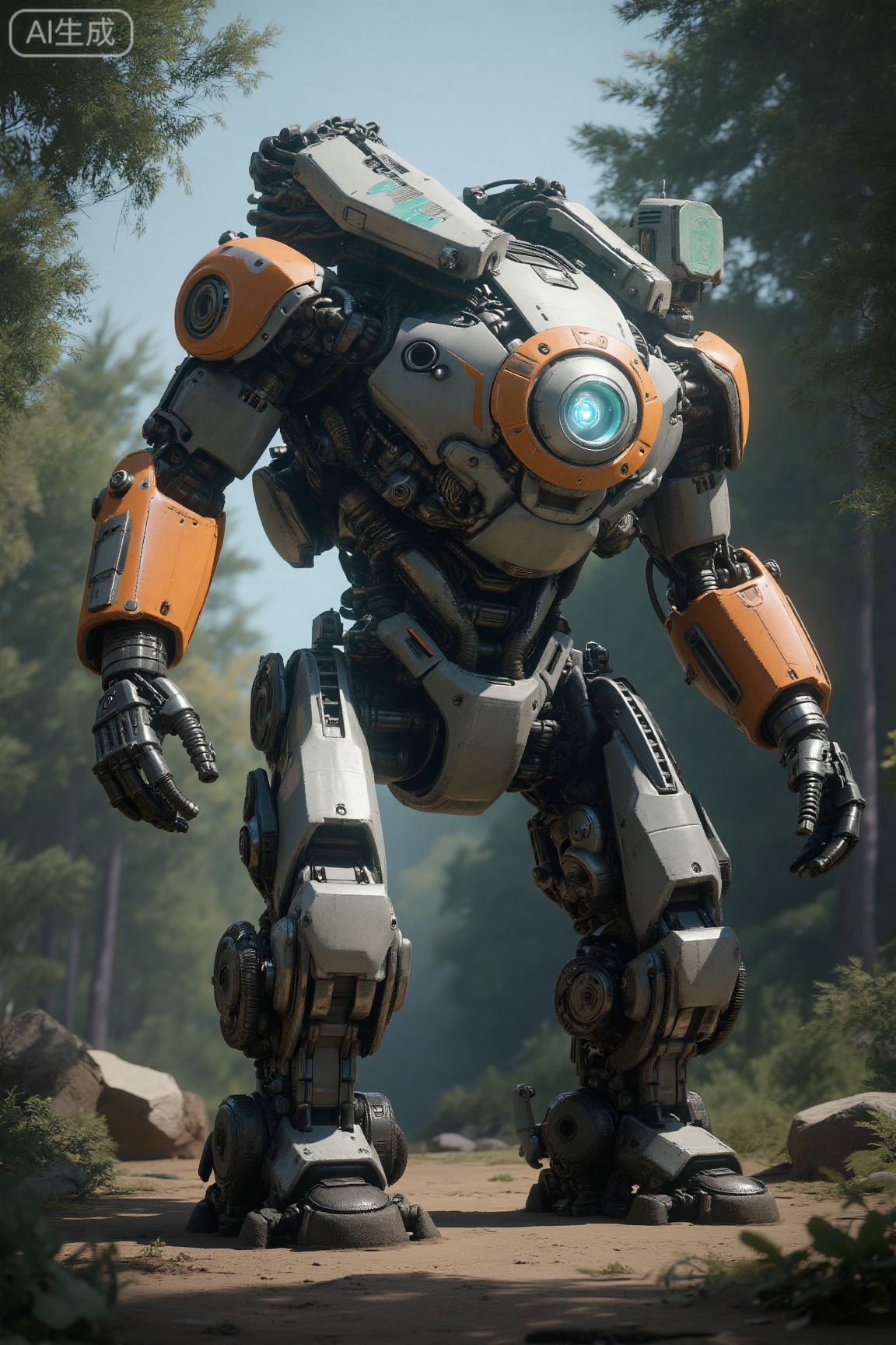 . This is a highly detailed CGI (computer-generated imagery) rendering of a futuristic, humanoid robot standing in a lush, forested environment. The robot, resembling a mechanized warrior, is predominantly constructed from metallic components in shades of gray, orange, and silver. Its torso and limbs are robust, with intricate, mechanical details, including visible hydraulic pistons and circuitry. The head features a large, circular, glowing blue eye, adding a futuristic and somewhat menacing aesthetic. The shoulders and upper arms are adorned with orange panels, while the lower arms and thighs are gray. The knees and feet are bulky, with thick, sturdy legs and feet that appear to be designed for heavy-duty tasks. The background showcases a dense forest with tall, green trees and a clear blue sky, suggesting a serene, natural setting that contrasts sharply with the robot's imposing presence. The ground beneath the robot is a mix of dirt and rocks, adding to the rugged, untamed feel of the environment.