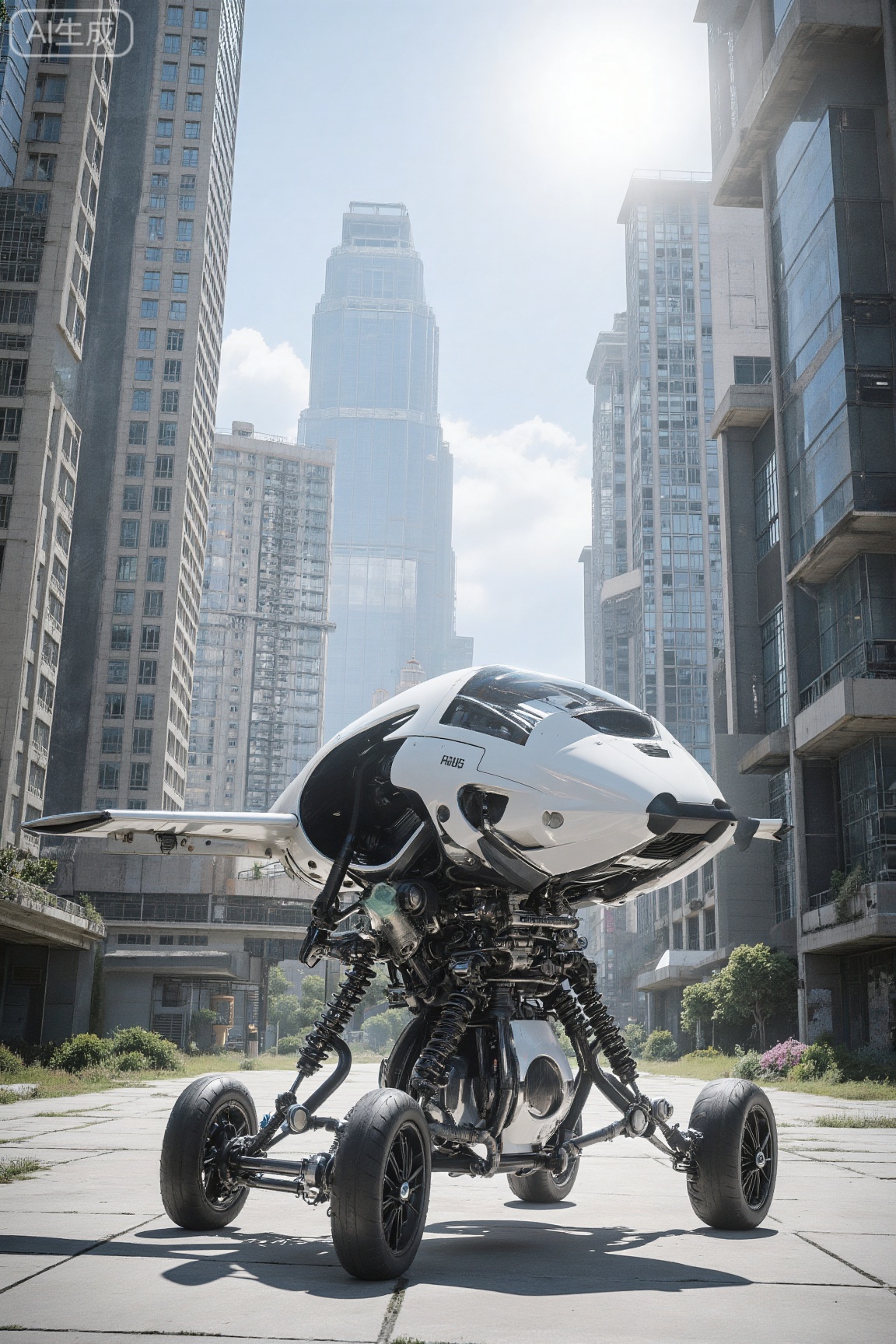 . This is a high-resolution CGI (computer-generated imagery) rendering of a futuristic, white, single-seat, vertical take-off and landing (VTOL) vehicle, resembling a jet-powered motorcycle. The vehicle is positioned in an urban setting, with tall, modern skyscrapers in the background, indicating a dense, metropolitan environment. The building structures are predominantly made of glass and steel, with a mix of beige and grey tones. The sky is clear, with scattered white clouds, and the sun casts sharp shadows, suggesting a bright, sunny day.

The vehicle's design is sleek and aerodynamic, with smooth, curved lines and a streamlined cockpit. It has large, black, three-spoke wheels with visible suspension and braking systems. The front of the vehicle features a prominent, jet-like exhaust nozzle, and there are small, rectangular windows on either side of the cockpit. The underside of the VTOL is equipped with a complex, mechanical system, including landing gear and propulsion units, suggesting advanced engineering and technology.

The ground is paved with large, rectangular concrete tiles, and small patches of greenery, such as bushes and grass, are scattered around, adding a touch of nature to the otherwise urban setting. The overall scene is vivid and detailed, with an emphasis on futuristic technology and urban