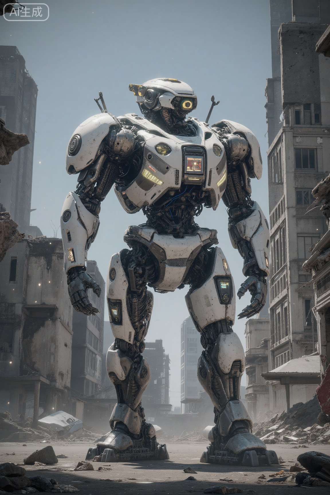 . This is a highly detailed CGI rendering of a futuristic, mechanized humanoid robot standing in a post-apocalyptic urban setting. The robot, predominantly white with metallic accents, is massive and imposing, with a bulky, armored exoskeleton. Its head is reminiscent of a car hood, featuring a prominent, circular light source and various sensors. The torso is equipped with a large, rectangular panel displaying a complex control system. The arms are muscular and equipped with articulated, mechanical hands, while the legs are robust and designed for mobility over uneven terrain.

The background showcases a desolate cityscape with crumbling buildings and a clear sky, indicating a recent or ongoing cataclysmic event. The city's architecture is a mix of modern and classical styles, with tall, slender skyscrapers and more traditional, ornate structures. The ground is littered with debris, adding to the sense of destruction. The lighting is harsh and directional, casting sharp shadows and emphasizing the robot's metallic texture. The overall scene is a blend of science fiction and post-apocalypse aesthetics, with the robot standing as a symbol of both technological advancement and potential threat.