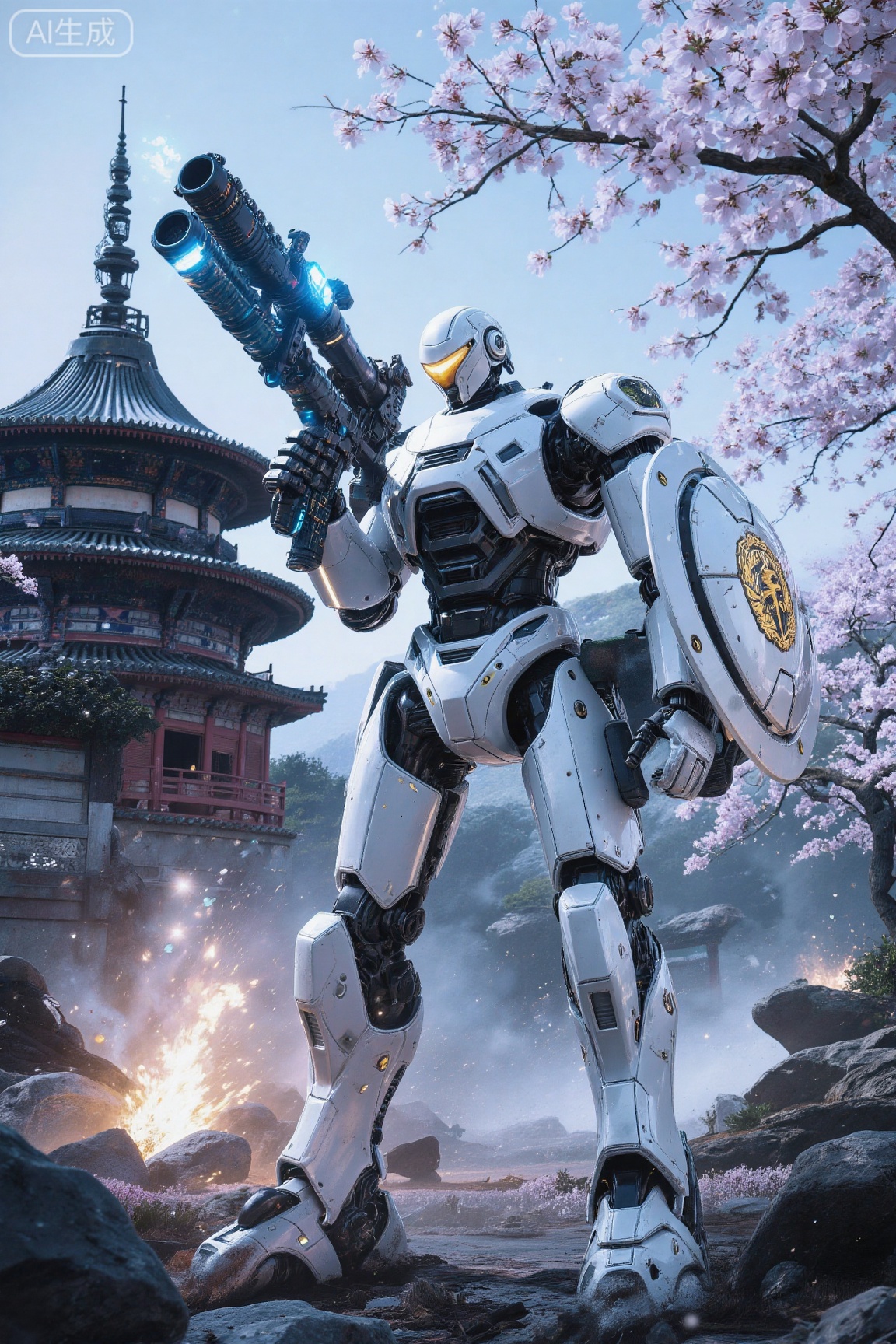. This is a highly detailed CGI illustration depicting a futuristic, white, humanoid robot standing in a traditional Japanese setting. The robot, with a sleek, metallic body and advanced weaponry, is the focal point of the image, positioned centrally. It has a spherical shield mounted on its left shoulder, and a large, blue, laser rifle held in its right hand. The shield is adorned with a golden emblem, and the robot's head features a glowing, yellow eye and a sleek visor. 

The background showcases a serene, ancient Japanese temple with traditional architecture, including a pagoda with a red roof and ornate details. Cherry blossom trees with delicate, pink flowers frame the scene, adding a sense of tranquility. The ground is rocky and scattered with debris, enhancing the battle scene. Explosions and sparks are visible in the foreground, contributing to the dynamic and intense atmosphere. The sky is a soft blue, and cherry blossoms float gently in the air, adding to the serene yet dramatic contrast. The illustration is highly realistic, with meticulous attention to detail, capturing the essence of a futuristic warrior in a historical setting.