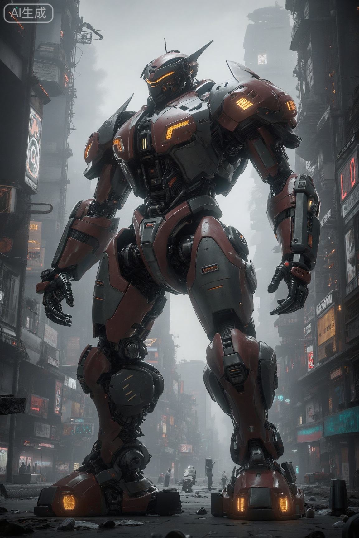 . This is a highly detailed CGI rendering of a futuristic, humanoid robot standing in a bustling urban environment. The robot, resembling a cyborg, is massive and imposing, with a complex, mechanized design. Its body is predominantly metallic, featuring a mix of dark grey and red hues with intricate, glowing orange accents. The head is equipped with a visor-like face shield, giving it a menacing, robotic appearance. The shoulders and arms are adorned with sharp, angular protrusions, while the torso and legs are armored with thick, segmented plates. The lower body is particularly robust, with large, powerful legs and feet that resemble mechanical pistons. The background showcases a dense, futuristic cityscape with towering skyscrapers and a cloudy sky, suggesting a dystopian or post-apocalyptic setting. The cityscape is filled with neon signs, including one that reads "LO," adding to the futuristic ambiance. The overall scene is dynamic, with the robot standing confidently in the foreground, dwarfing the surrounding buildings. The image captures a blend of science fiction and cyberpunk aesthetics, emphasizing the robot's formidable presence and the dystopian urban environment it dominates.
