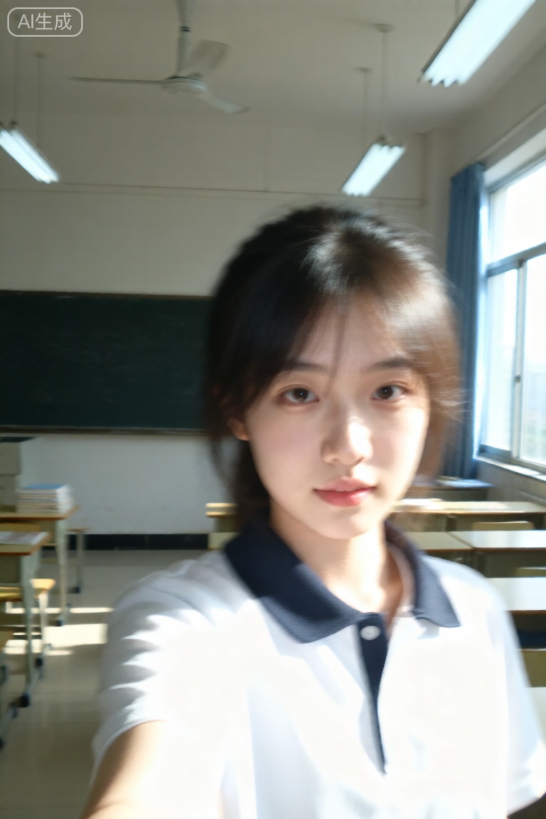 一张极其平凡无奇的iphone 前置自拍照,没有明确的主体或构图感,就是随手一拍的快照。照片略带运动模糊,教室日光灯与窗边阳光打光不均匀导致的轻微曝光过度,整体呈现出一种刻意的平庸感。是一位女大学生的自拍