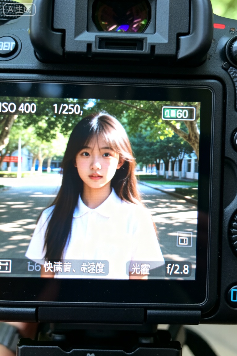 一张数码相机展示屏截图,画面中是一位16岁的美少女,真人,绝美,长发披肩,站在校园场景中。背景是斑驳的树影,阳光透过树叶洒下,形成自然的漏光效果。画面具有强烈的胶卷感,带有颗粒感和轻微的模糊效果,整体色调偏冷。展示屏上显示了数码相机拍摄时的具体参数：ISO 400,快门速度1/250秒,光圈f/2.8。画面风格为纪实摄影,细节丰富
