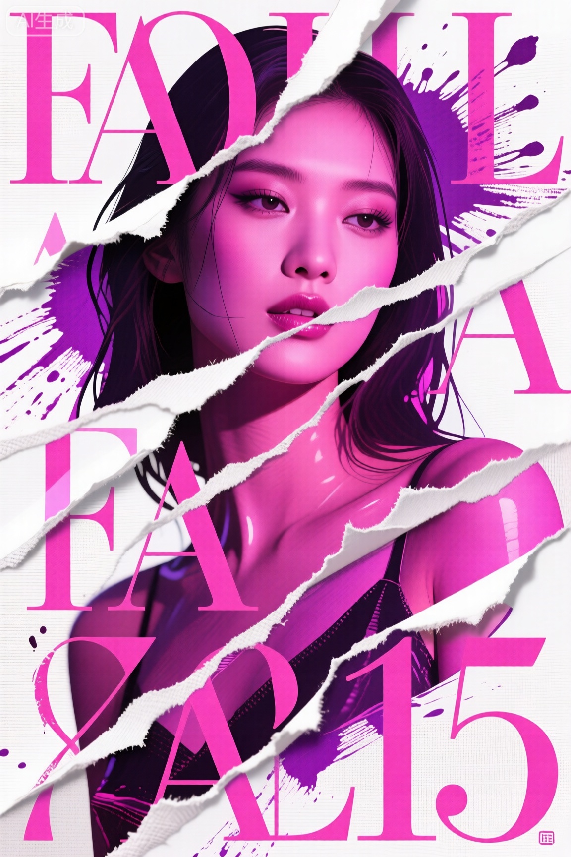 时尚女子主题海报,不规则排列的撕裂文字,手工墨水痕迹与光滑数字元素交织,霓虹粉紫撞色亚麻白底,充满不确定性的动态构图