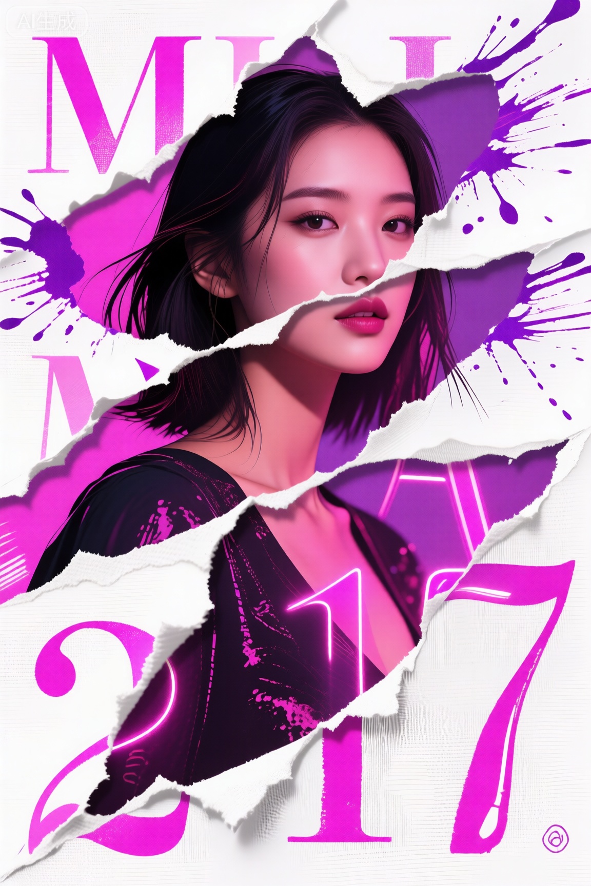 时尚女子主题海报,不规则排列的撕裂文字,手工墨水痕迹与光滑数字元素交织,霓虹粉紫撞色亚麻白底,充满不确定性的动态构图