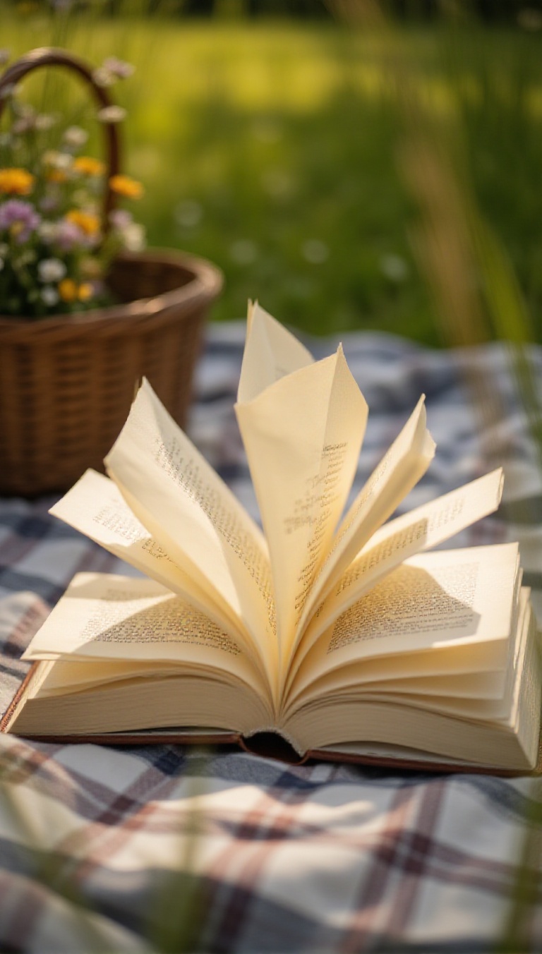 An open book with yellowed pages fluttering in the breeze,  placed on a picnic blanket,  framed from behind a basket and w...