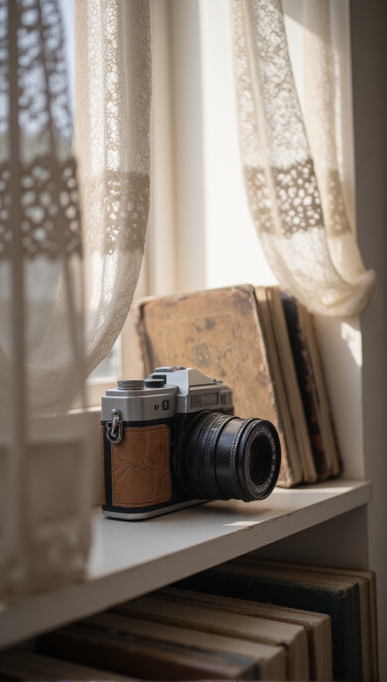 A vintage camera with cracked leather casing sits on a shelf beside dusty photo albums,  captured from behind a lace curta...