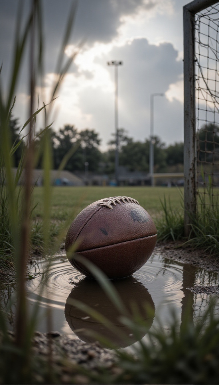A worn leather football stuck in a muddy puddle on an empty field,  framed through the goalpost’s netting and tall overgro...