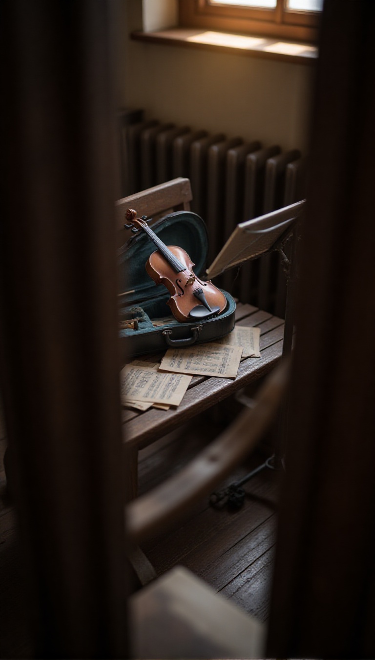 A violin resting in an open case on an old wooden bench,  surrounded by scattered sheet music,  viewed through the wrought...