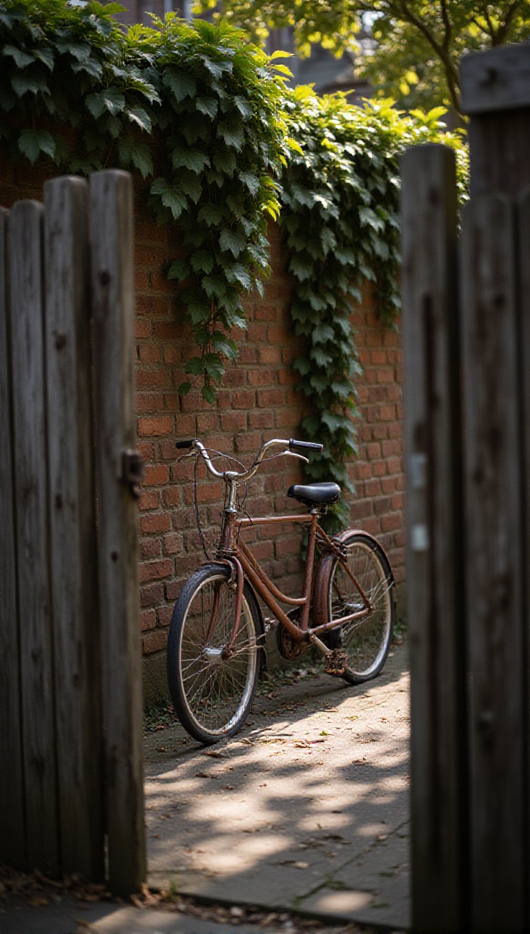 A rusted bicycle leaning against a brick wall,  partially covered in ivy,  framed through a cracked wooden gate as dappled...
