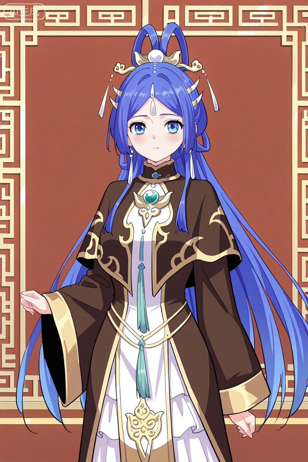best quality,amazing quality,1girl, solo, blue eyes, long hair, straight hair, blue hair, hair ornament, forehead jewel, topknot, hair stickstraditional chinese clothes, high collar dress, long sleeves, layered dress, ornate robes, black and gold outfit, white inner robe, cyan jewel, ornate chestpiece, gemstone accessory,永宁,