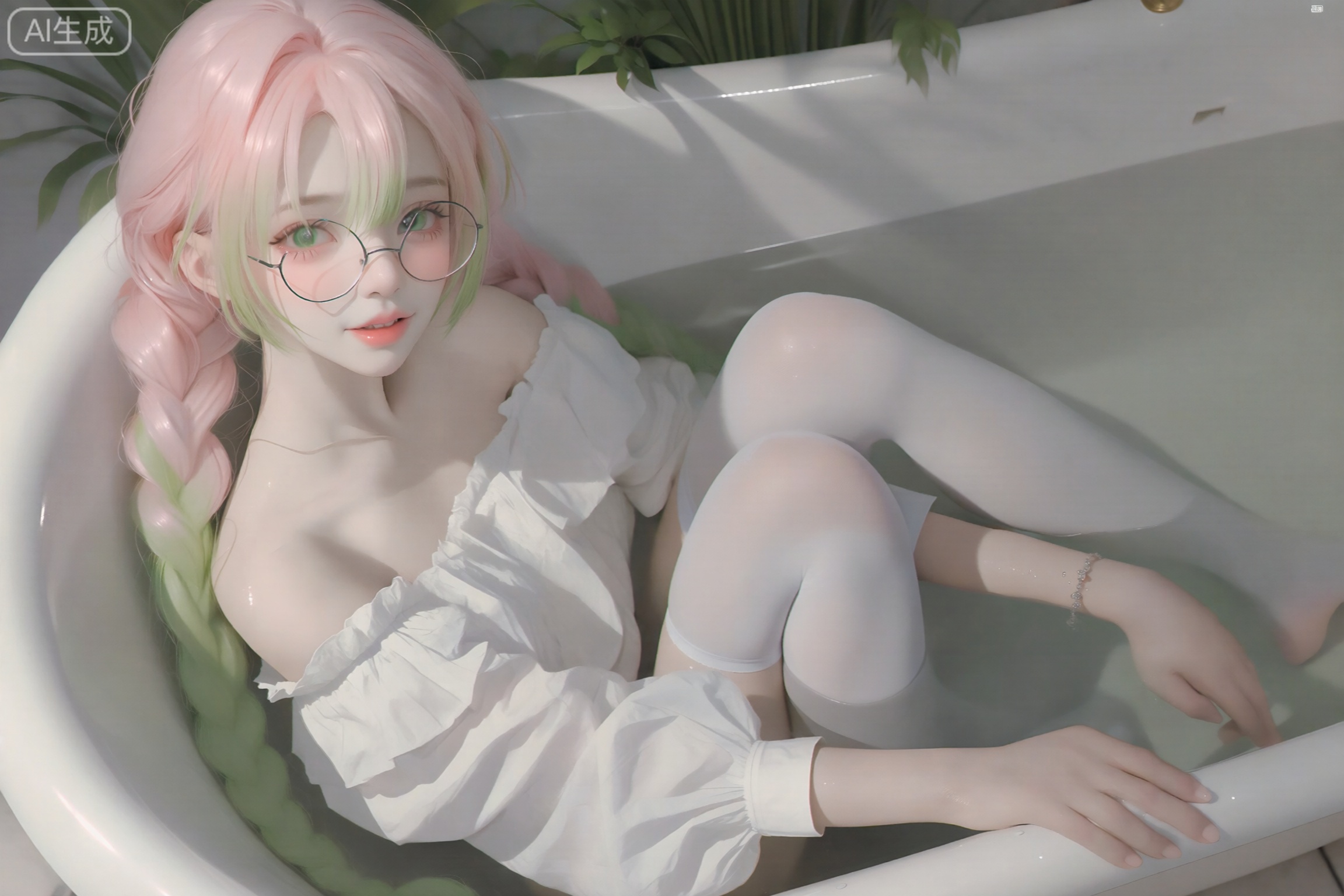 This digital anime-style illustration features a young woman with pastel pink and green hair, wearing round glasses and an off-shoulder, white, ruffled blouse with puffed sleeves. She is partially submerged in a white, ceramic bathtub filled with water, her right leg bent and her left leg extended. She wears white thigh-high stockings and a delicate bracelet on her right wrist. Her skin is pale, and her expression is calm and slightly playful. The background includes green foliage peeking over the tubs edge. The lighting is soft, with gentle shadows enhancing the serene, dreamy atmosphere. The overall color palette is pastel and muted.