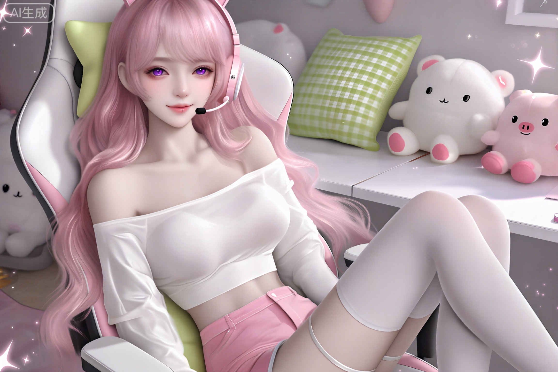 This is a digital anime-style illustration of a young woman with long, wavy pink hair and purple eyes, sitting in a white gaming chair. She wears a white off-shoulder crop top that reveals her midriff, pink high-waisted shorts, and white thigh-high socks. Her expression is relaxed and slightly smiling. She has a pink headset with a microphone on her right ear. In the background, there is a white desk with a green checkered pillow, and several plush toys, including a white bear and a pink pig with a smiling face. The room is softly lit with pink and white sparkles floating around.