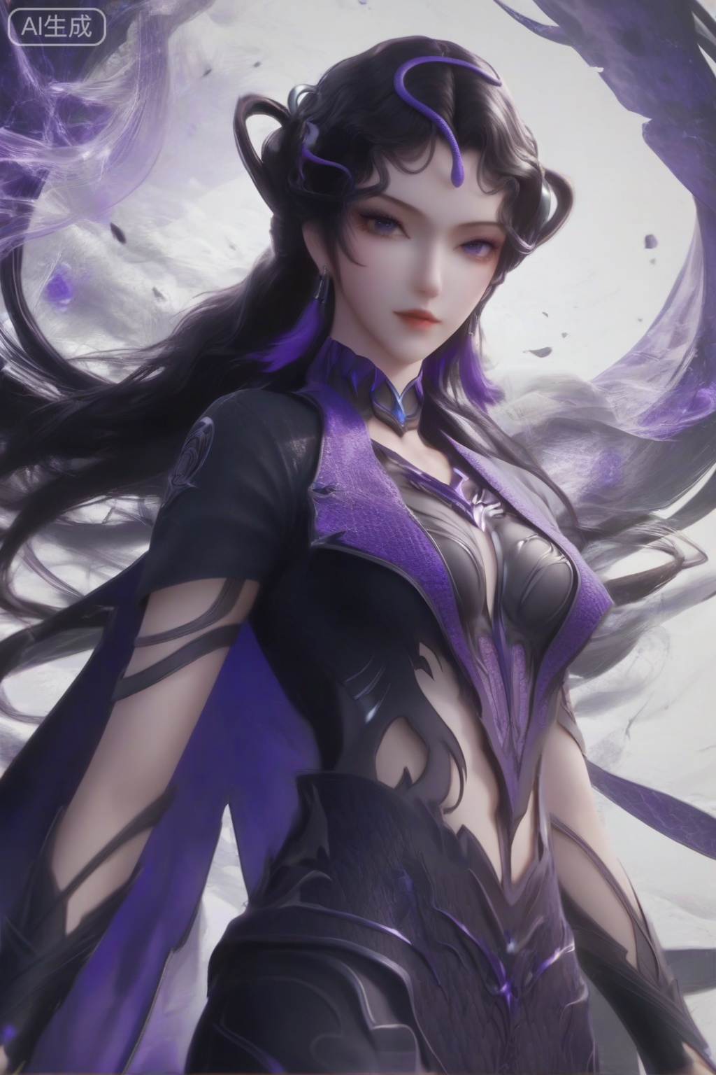 masterpiece, best quality, masterpiece,best quality,official art,extremely detailed CG unity 8k wallpaper,1girl,looking at viewer,long hair,hair ornament,breasts,black hair,jewelry,medium breasts,purple eyes,earrings, cape,simple background,(white background:1.1)