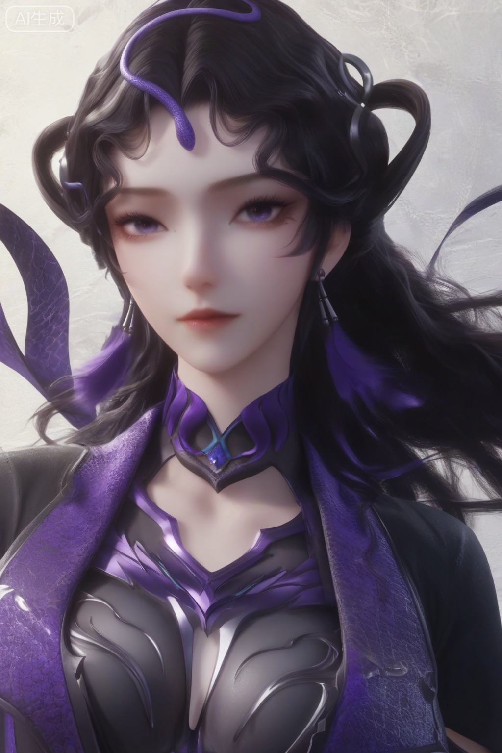 masterpiece, best quality, masterpiece,best quality,official art,extremely detailed CG unity 8k wallpaper,1girl,looking at viewer,long hair,hair ornament,breasts,black hair,jewelry,medium breasts,purple eyes,earrings, cape,simple background,white background