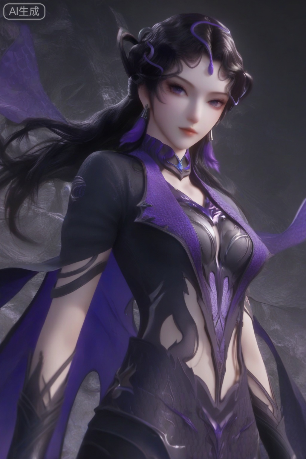 masterpiece, best quality, masterpiece,best quality,official art,extremely detailed CG unity 8k wallpaper,1girl,looking at viewer,long hair,hair ornament,breasts,black hair,jewelry,medium breasts,purple eyes,earrings, cape,simple background