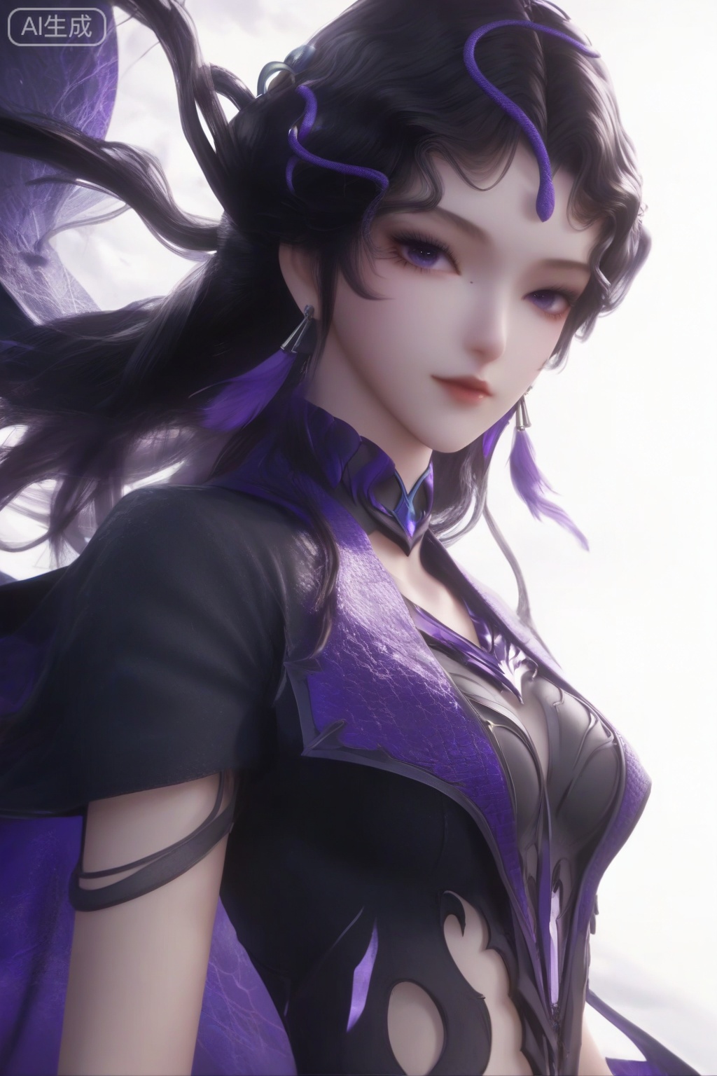 masterpiece, best quality, masterpiece,best quality,official art,extremely detailed CG unity 8k wallpaper,1girl,looking at viewer,long hair,hair ornament,breasts,black hair,jewelry,medium breasts,purple eyes,earrings, cape,simple background,white background