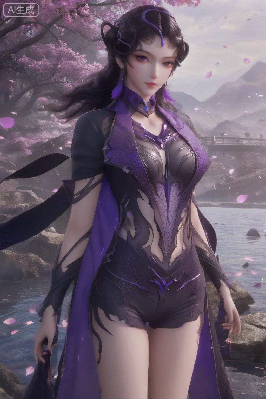 masterpiece, best quality, masterpiece,best quality,official art,extremely detailed CG unity 8k wallpaper,1girl,looking at viewer,long hair,hair ornament,breasts,black hair,jewelry,medium breasts,purple eyes,earrings,dress,clothing cutout, petals,water,flower,Many petals,purple nails,cape,upper body,shorts,legs,hand on hip