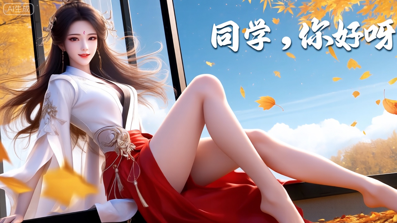 第二类裸眼3D画面,3D渲染,场景画面左侧展现一个绝美的女人,身穿白色衬衫、红色裙子,她的环境在秋风落叶下,有黄色的树、有蓝色天空、白云。她的长发随风飘扬、眼睛睁着、微笑,右上侧符合画面风格字体显示“同学,你好呀”一词。女人侧坐着右侧腿放松。精致的肌肤,正面照明,均匀光线,女人直视观众。场景外是玻璃墙。