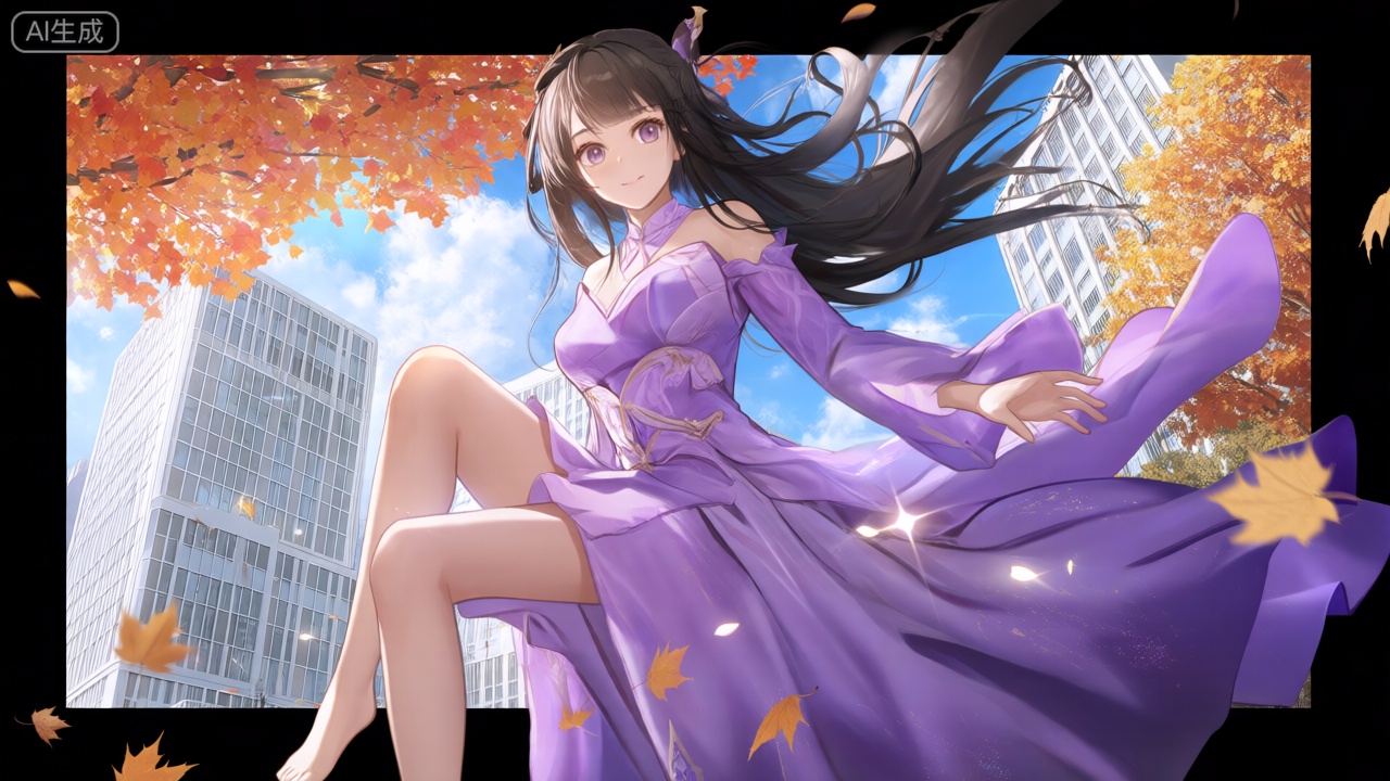 裸眼3D画面,画面左侧展现一个穿着紫色连衣裙的女人,她的环境在秋风落叶下,有黄色的树、有蓝色天空、白云。她的长发随风飘扬,眼睛睁着,微笑。女人侧坐着右侧腿放松。精致的肌肤,正面照明,均匀光线,女人直视观众,场景是在背景下设置的,背景为坚固的高楼和白色天空,有很多紧闭的玻璃窗户。
